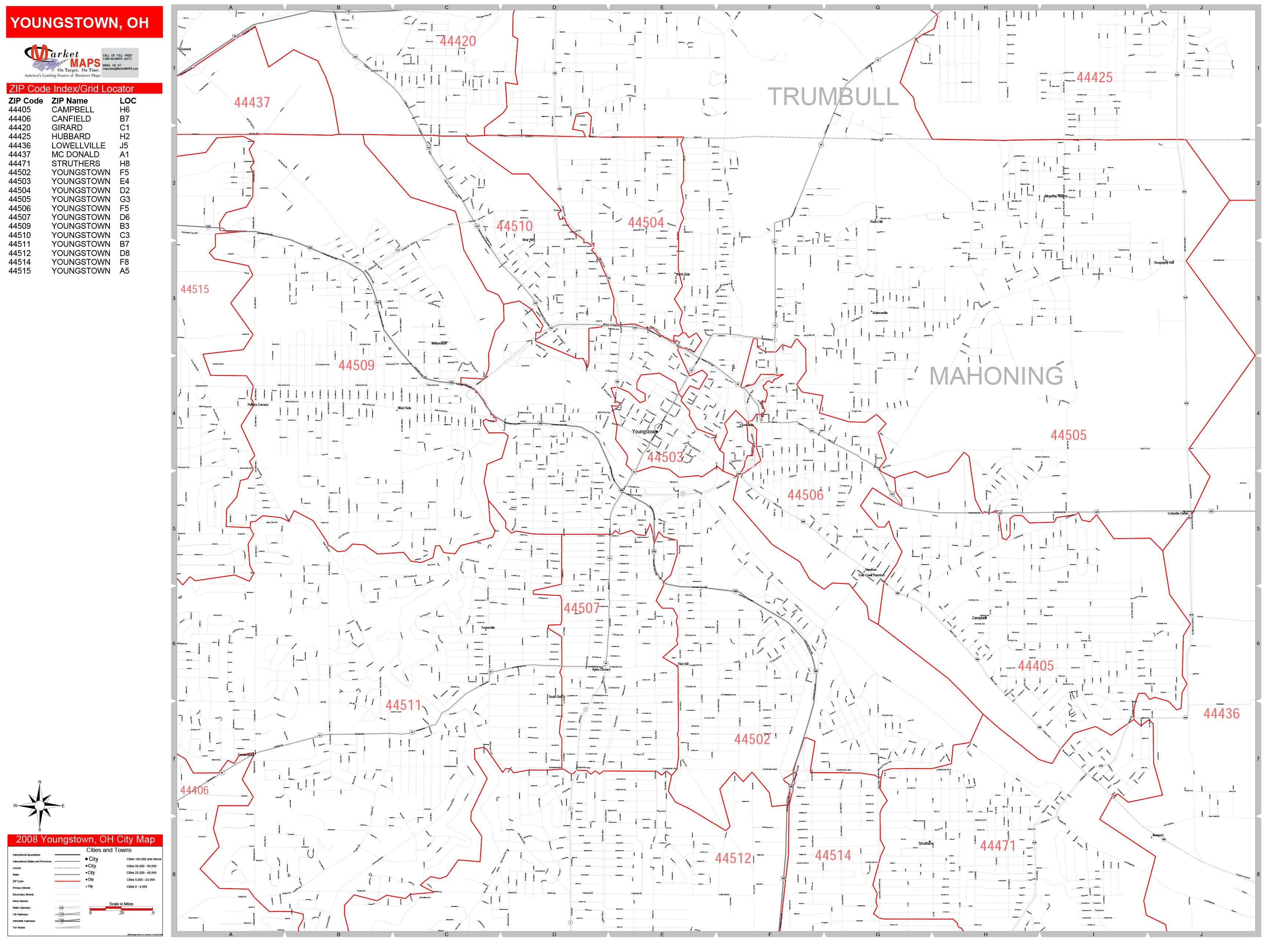 Youngstown Ohio Zip Code Wall Map Red Line Style By Marketmaps Mapsales 4815