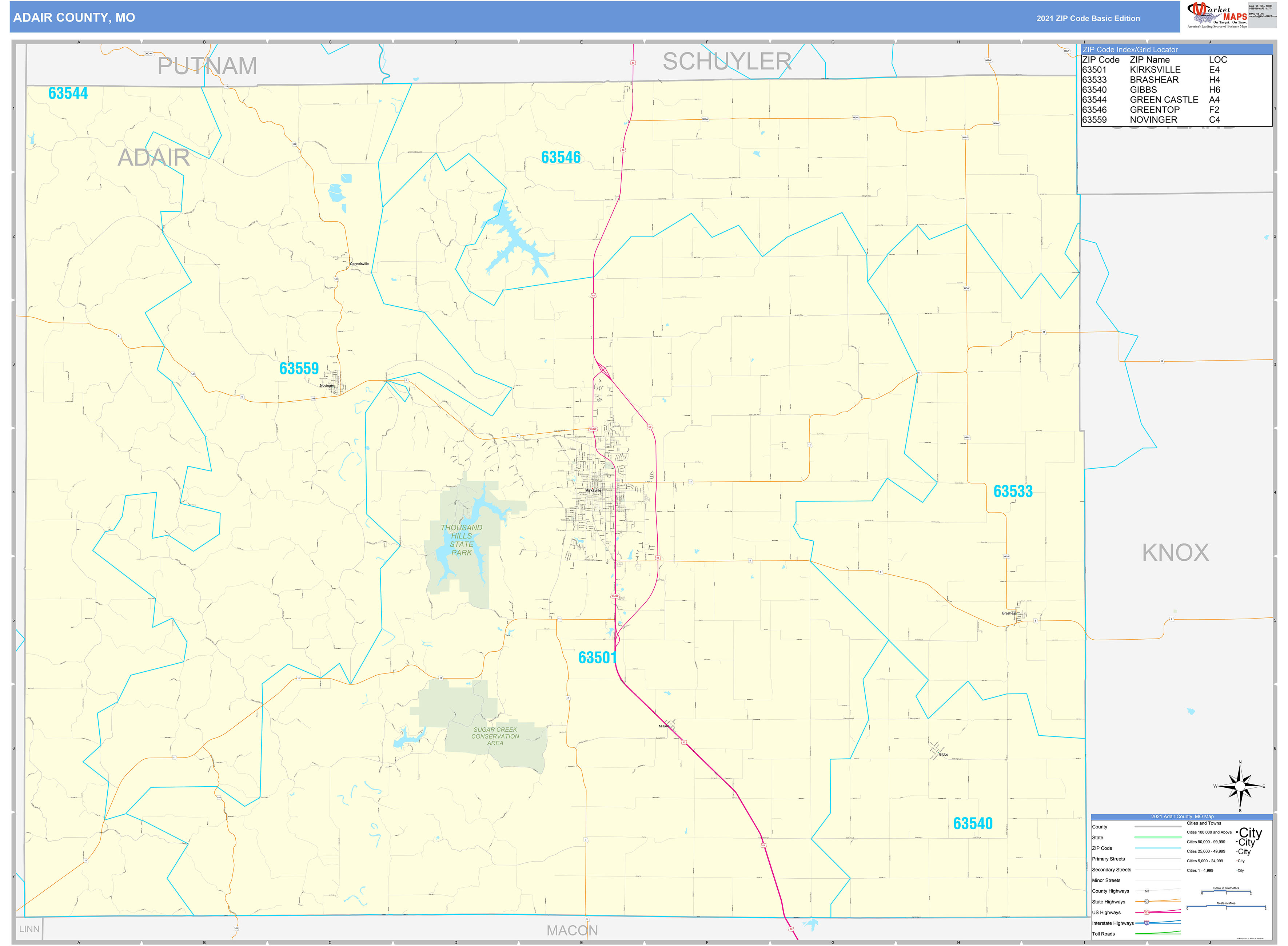 Adair County, MO Zip Code Wall Map Basic Style by MarketMAPS - MapSales