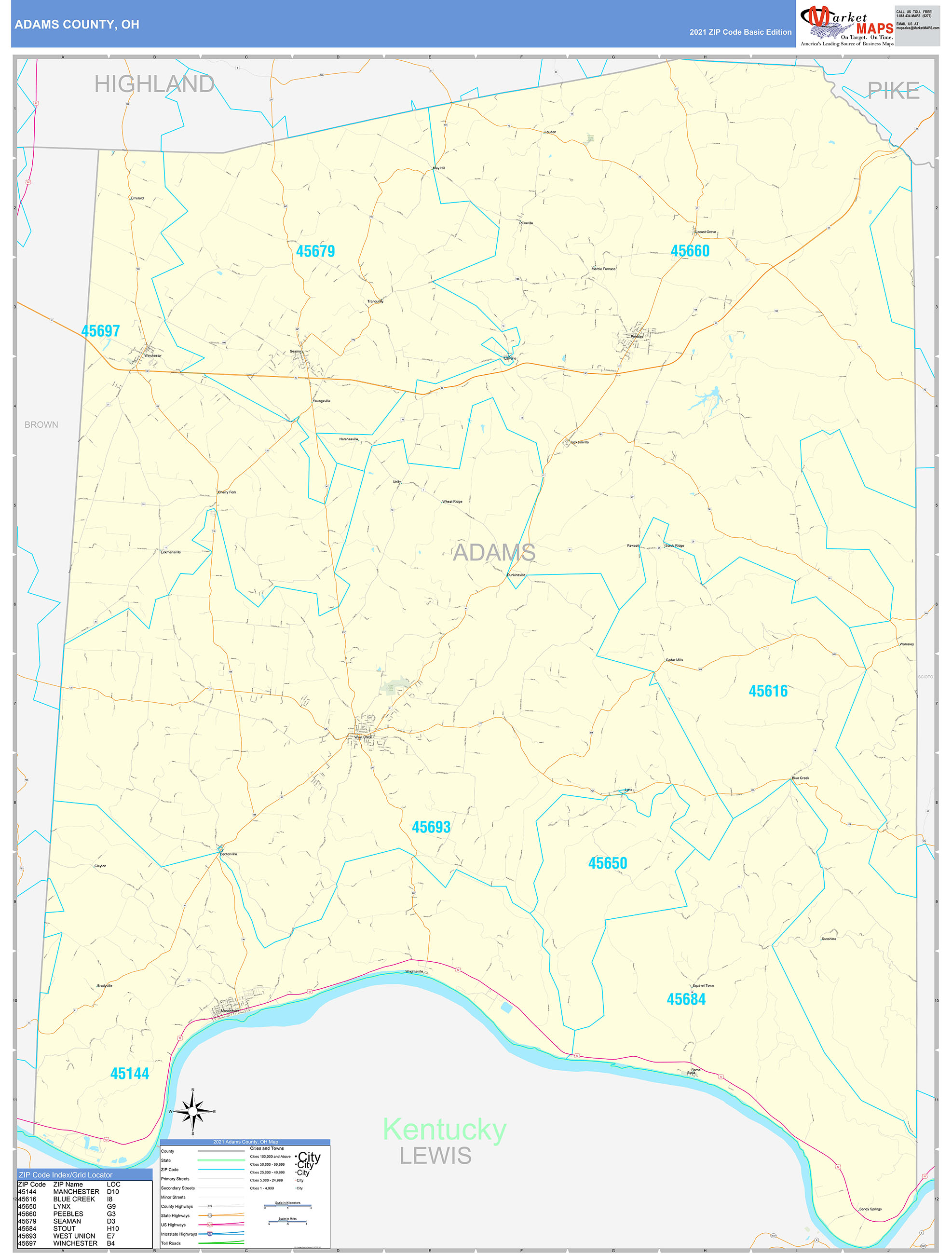 Adams County, OH Zip Code Wall Map Basic Style by MarketMAPS - MapSales