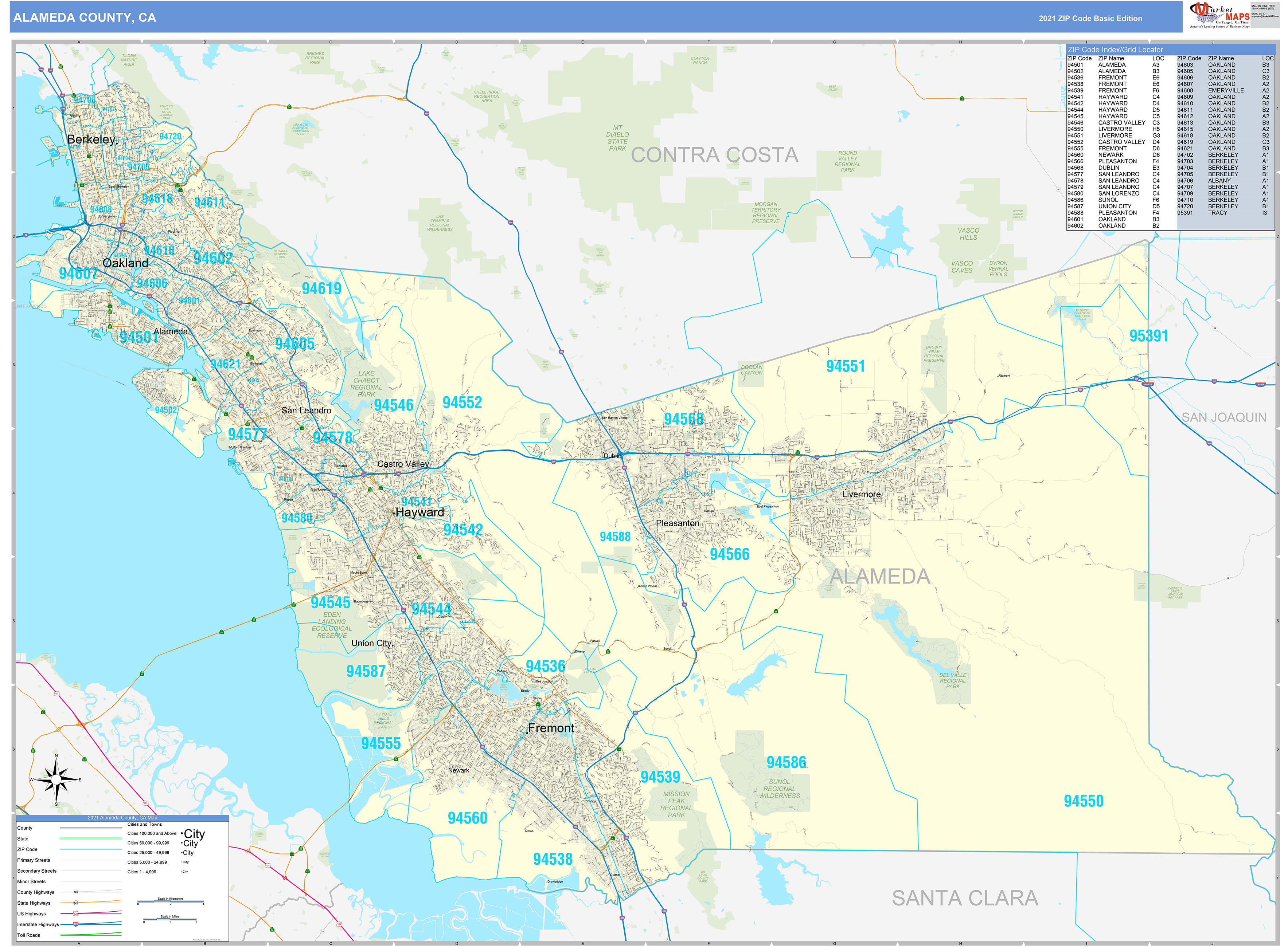 Alameda County CA Zip Code Wall Map Basic Style By MarketMAPS MapSales