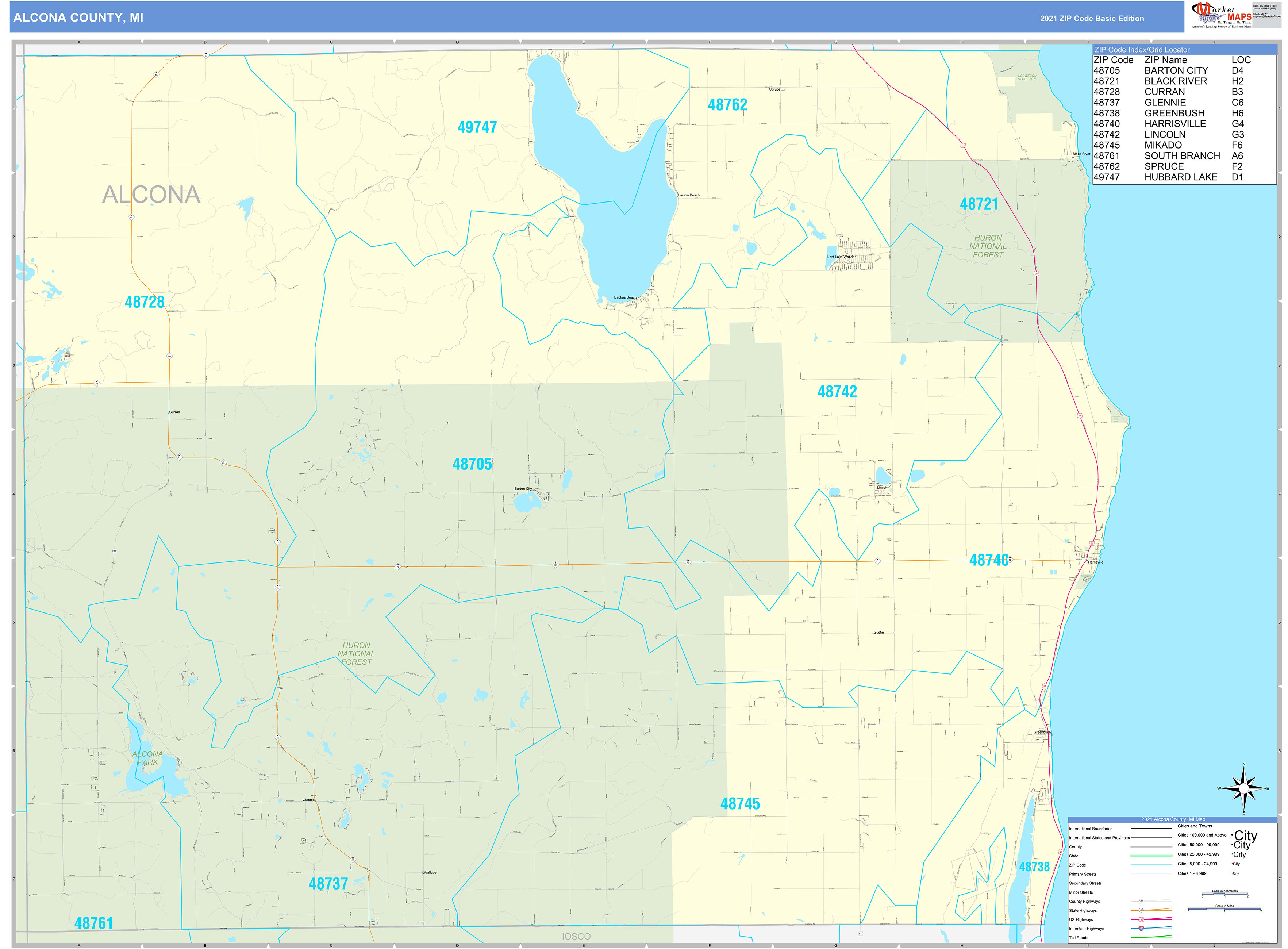 Alcona County, MI Zip Code Wall Map Basic Style by MarketMAPS