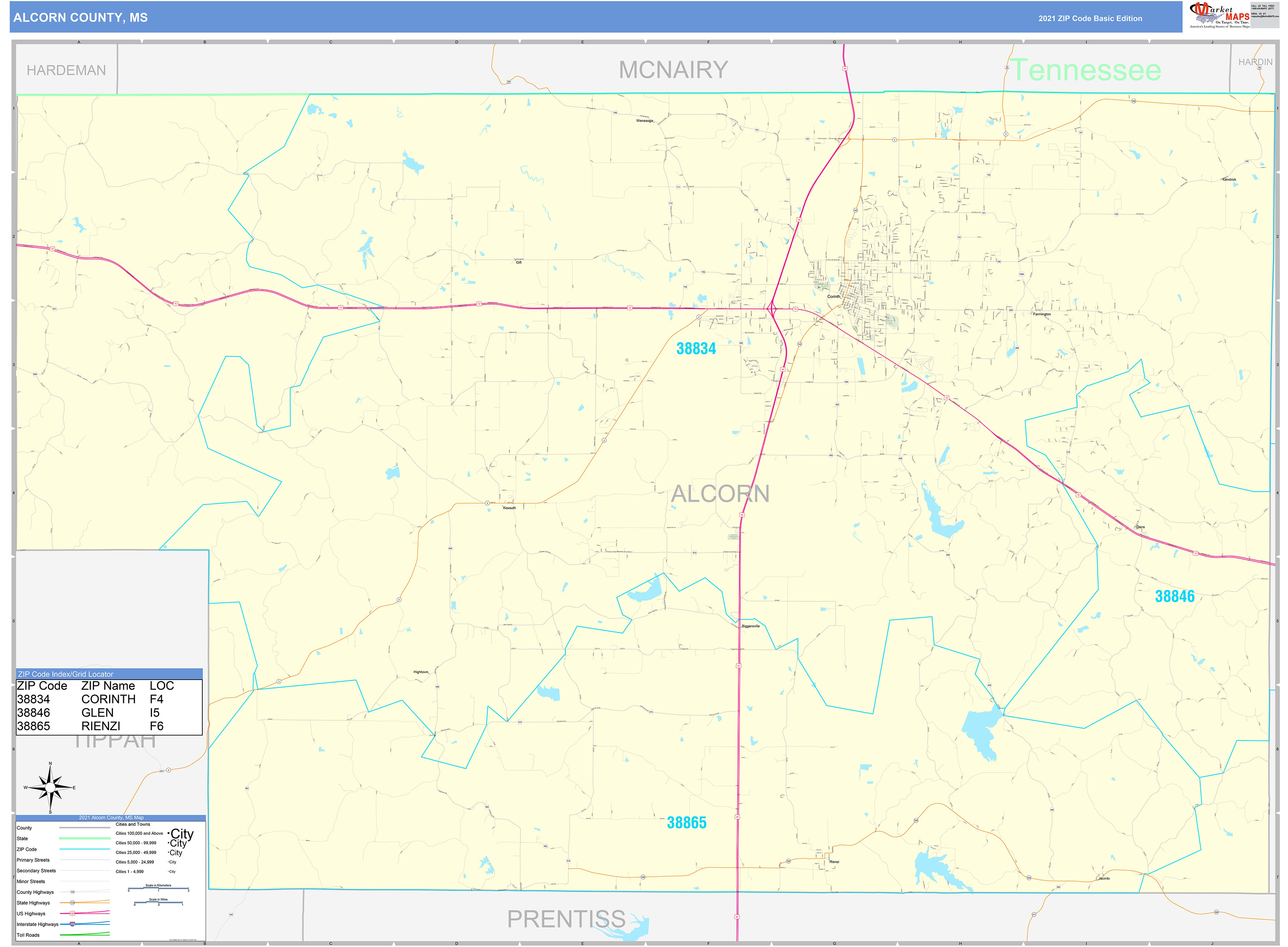 Alcorn County, MS Zip Code Wall Map Basic Style by MarketMAPS MapSales
