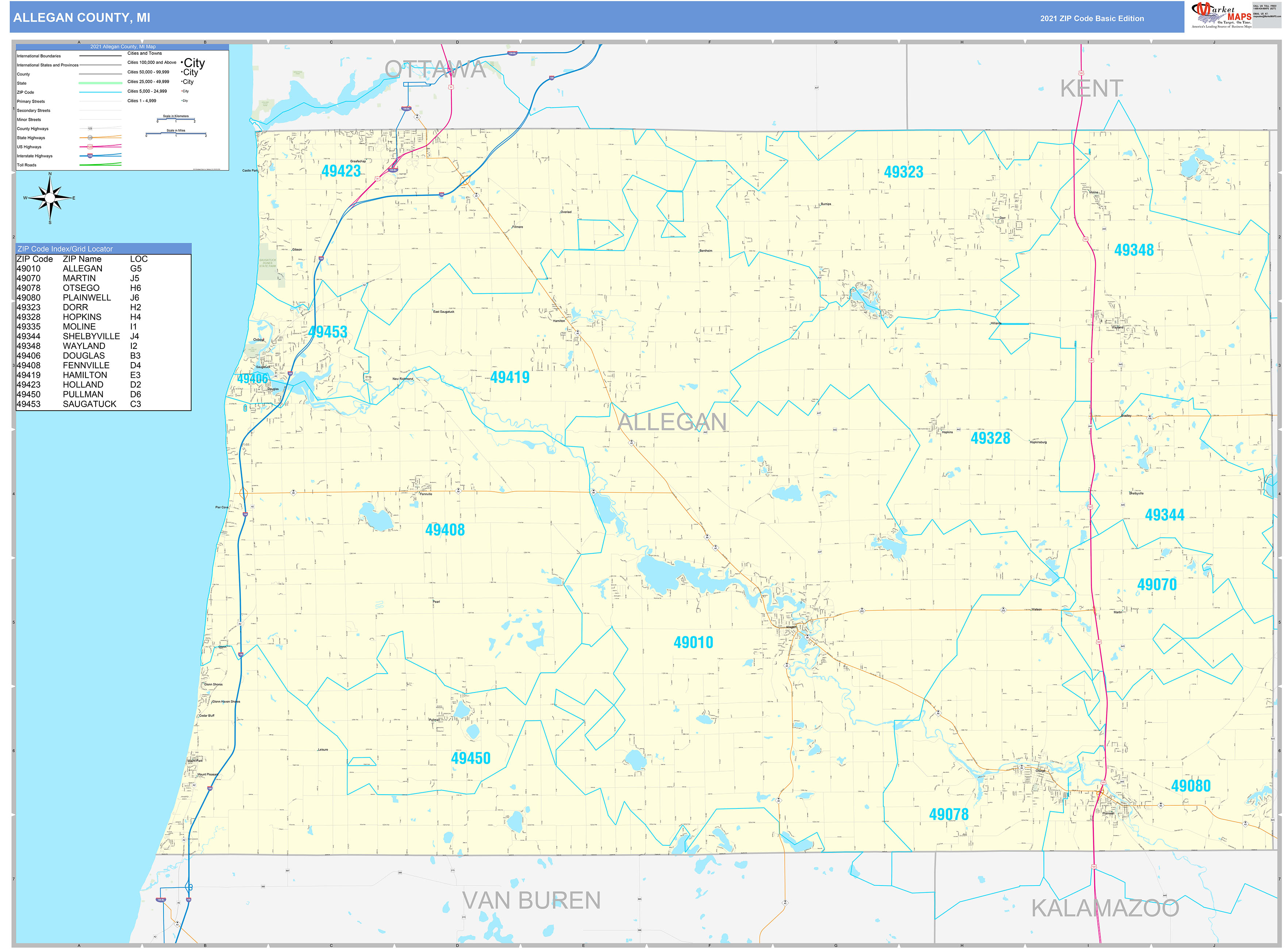 Allegan County MI Zip Code Wall Map Basic Style By MarketMAPS MapSales   Allegan MI 