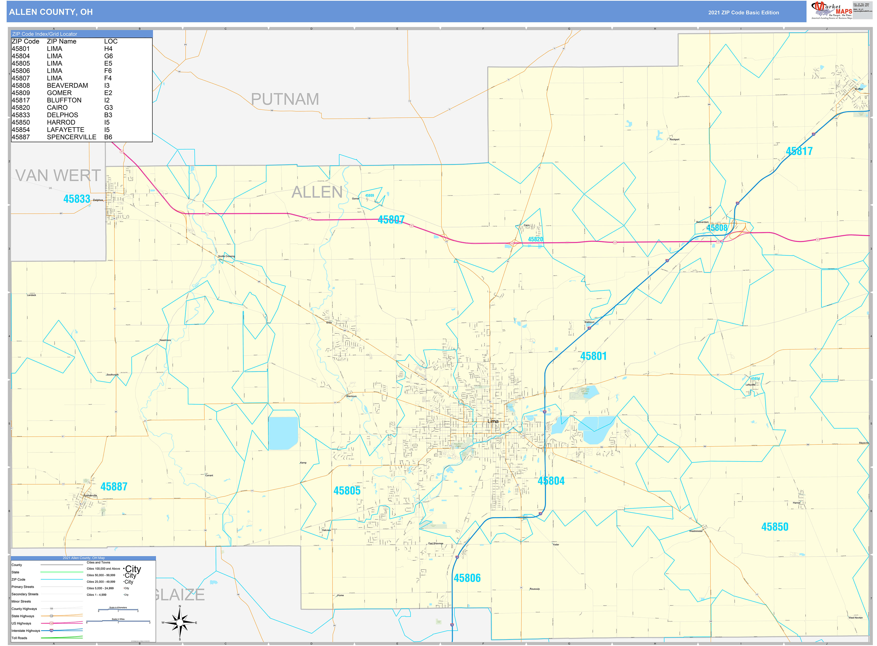 Allen County, OH Zip Code Wall Map Basic Style by MarketMAPS MapSales