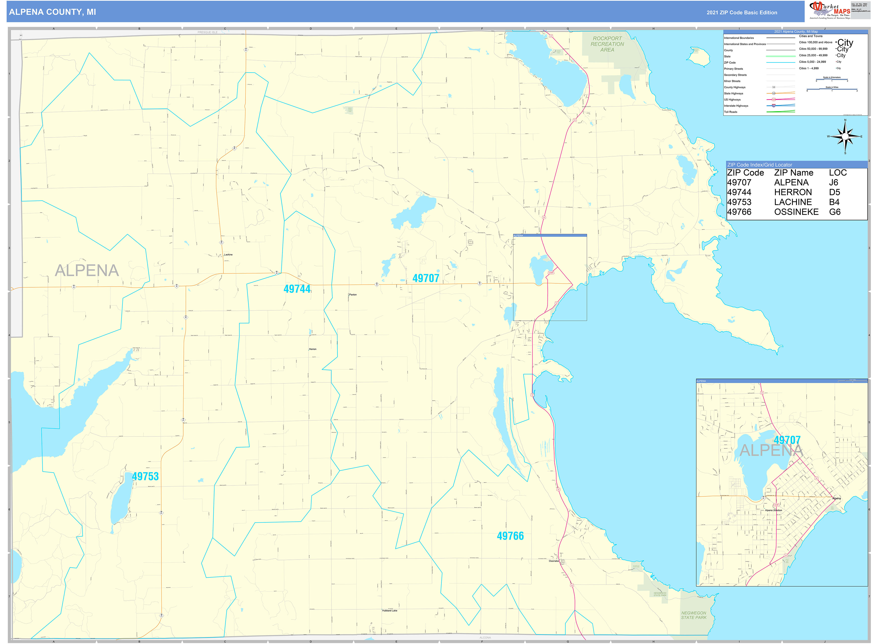 Alpena County, MI Zip Code Wall Map Basic Style by MarketMAPS