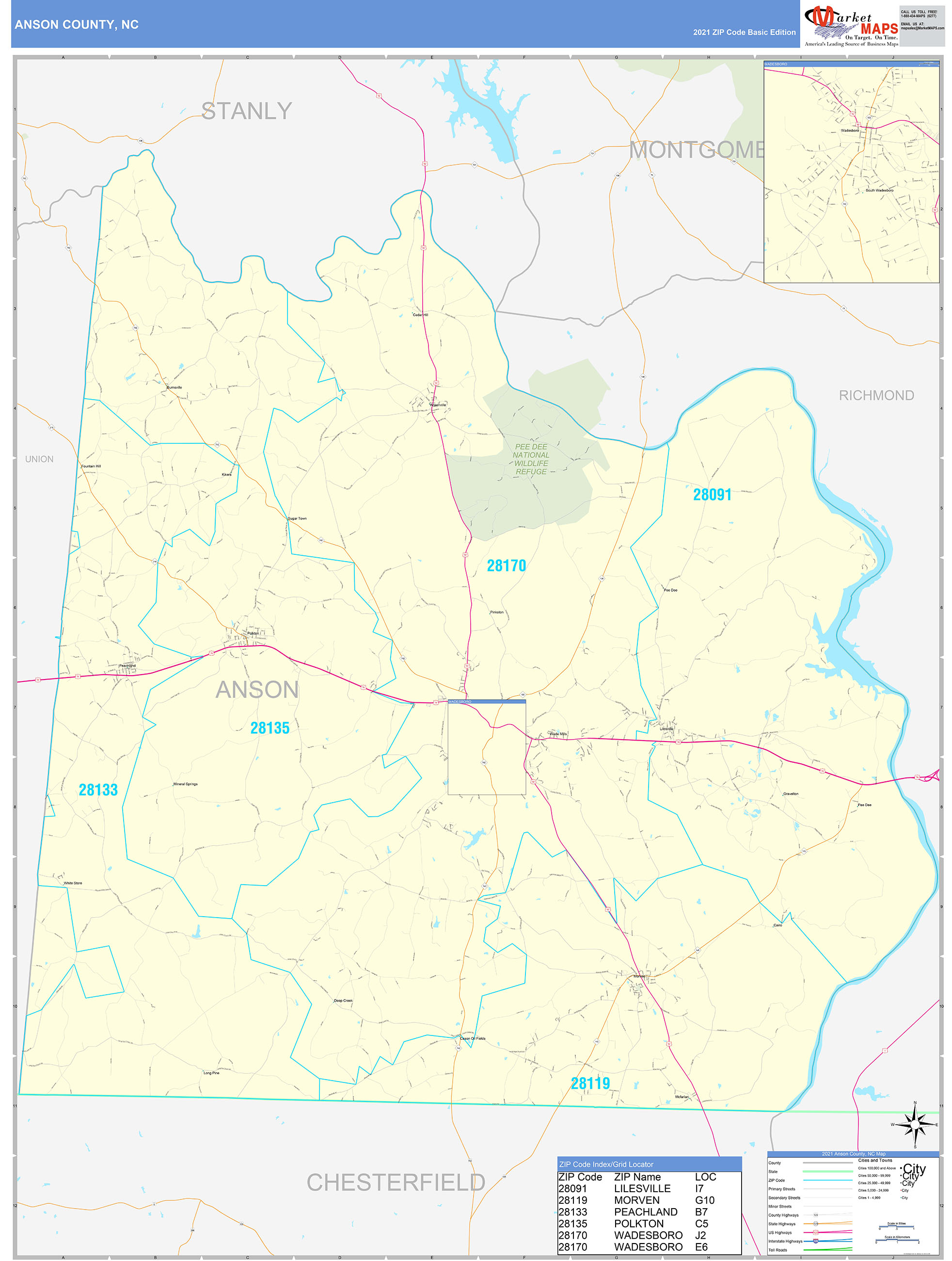 Anson County, NC Zip Code Wall Map Basic Style by MarketMAPS - MapSales