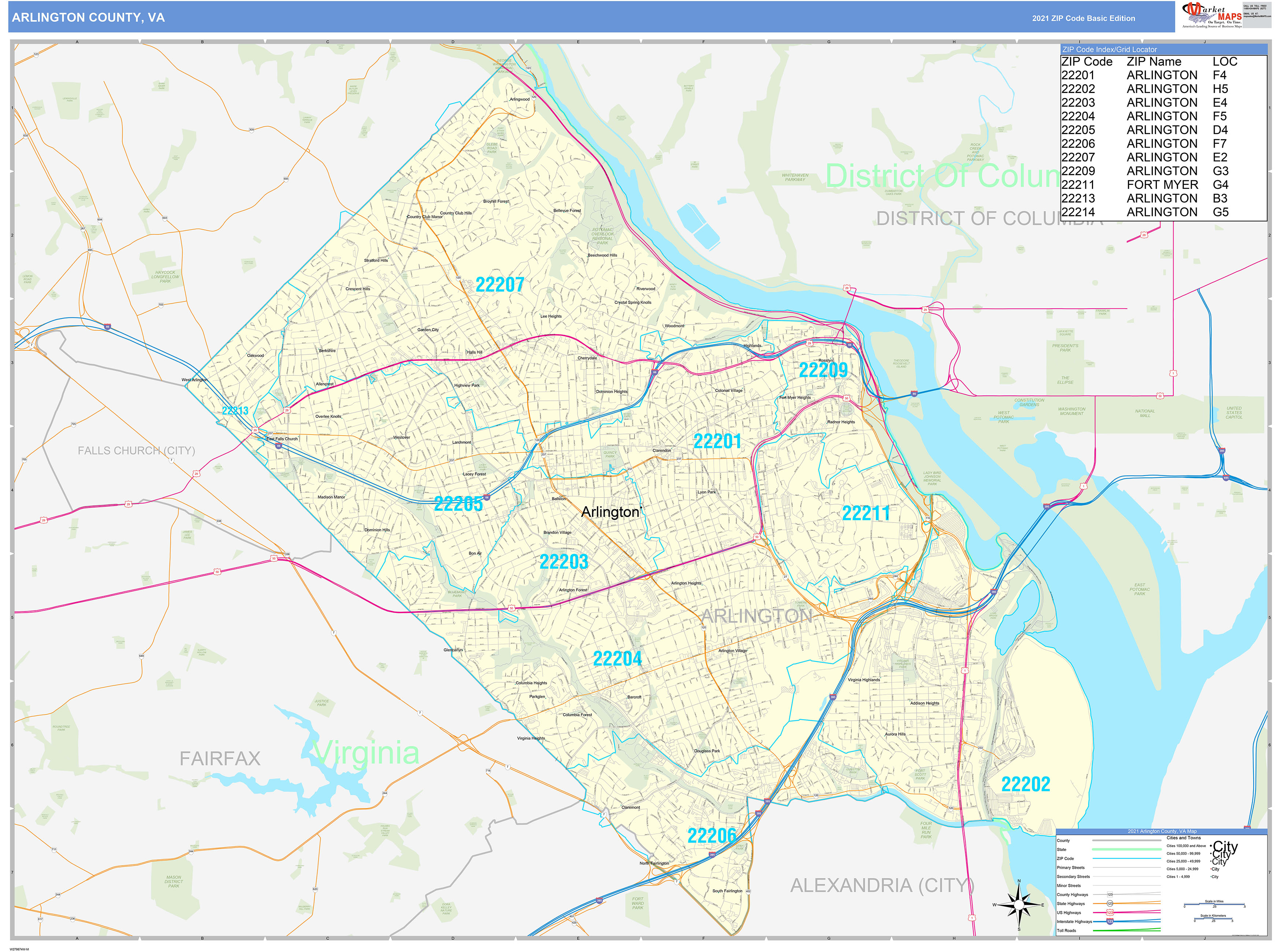 Arlington County VA Zip Code Wall Map Basic Style By MarketMAPS