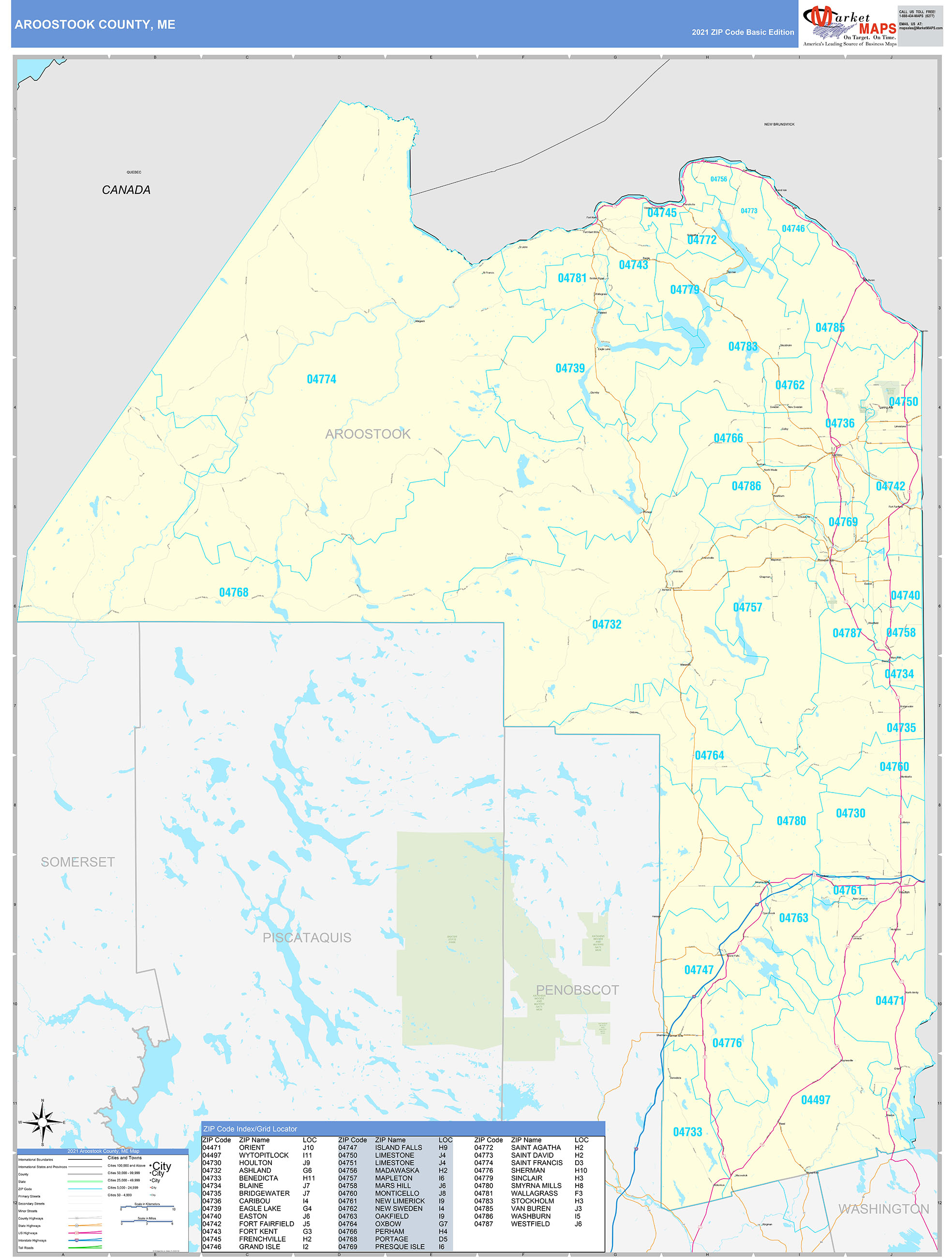 Aroostook County, ME Zip Code Wall Map Basic Style by MarketMAPS