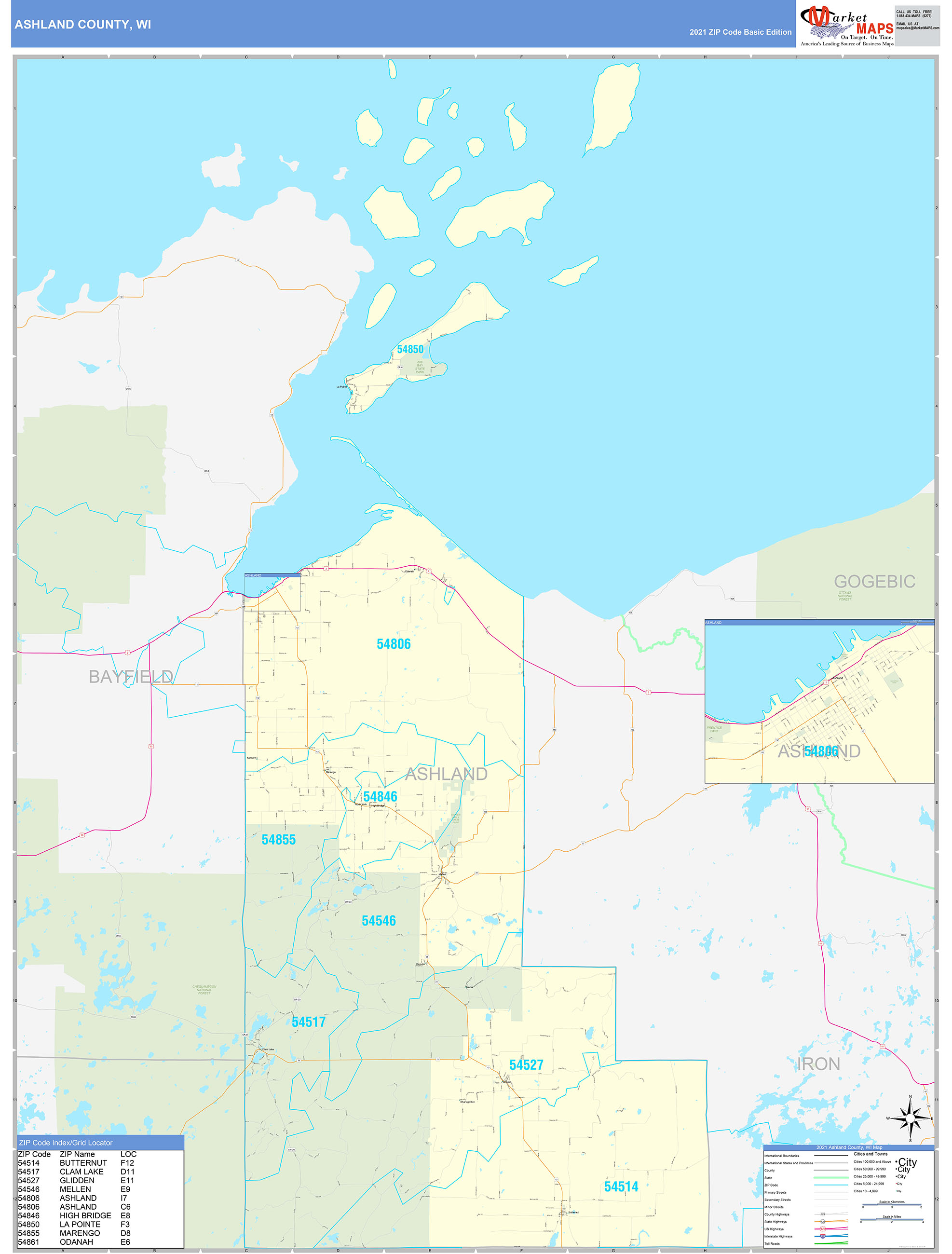 Ashland County, WI Zip Code Wall Map Basic Style by MarketMAPS - MapSales