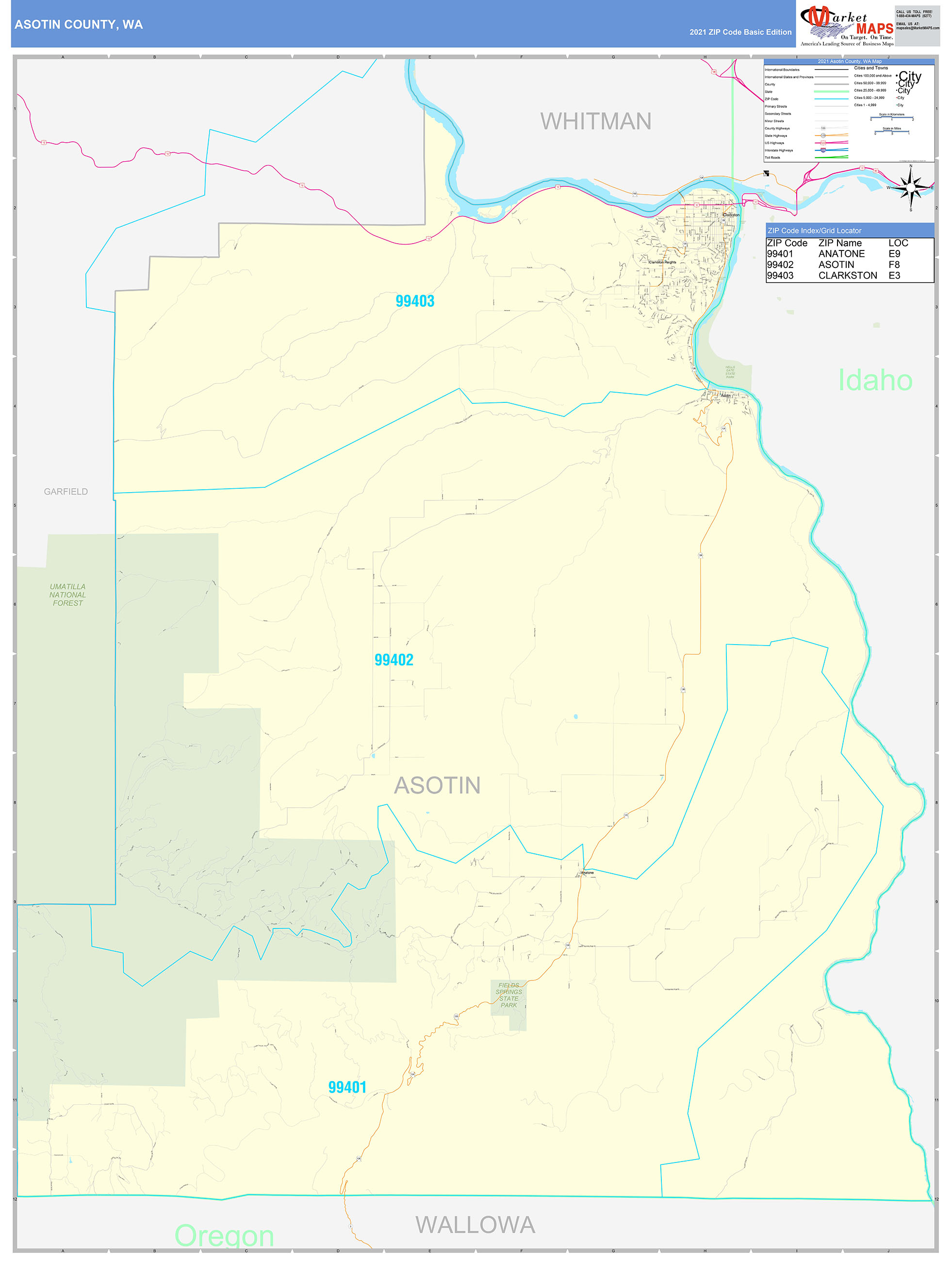 Asotin County, WA Zip Code Wall Map Basic Style by MarketMAPS ...