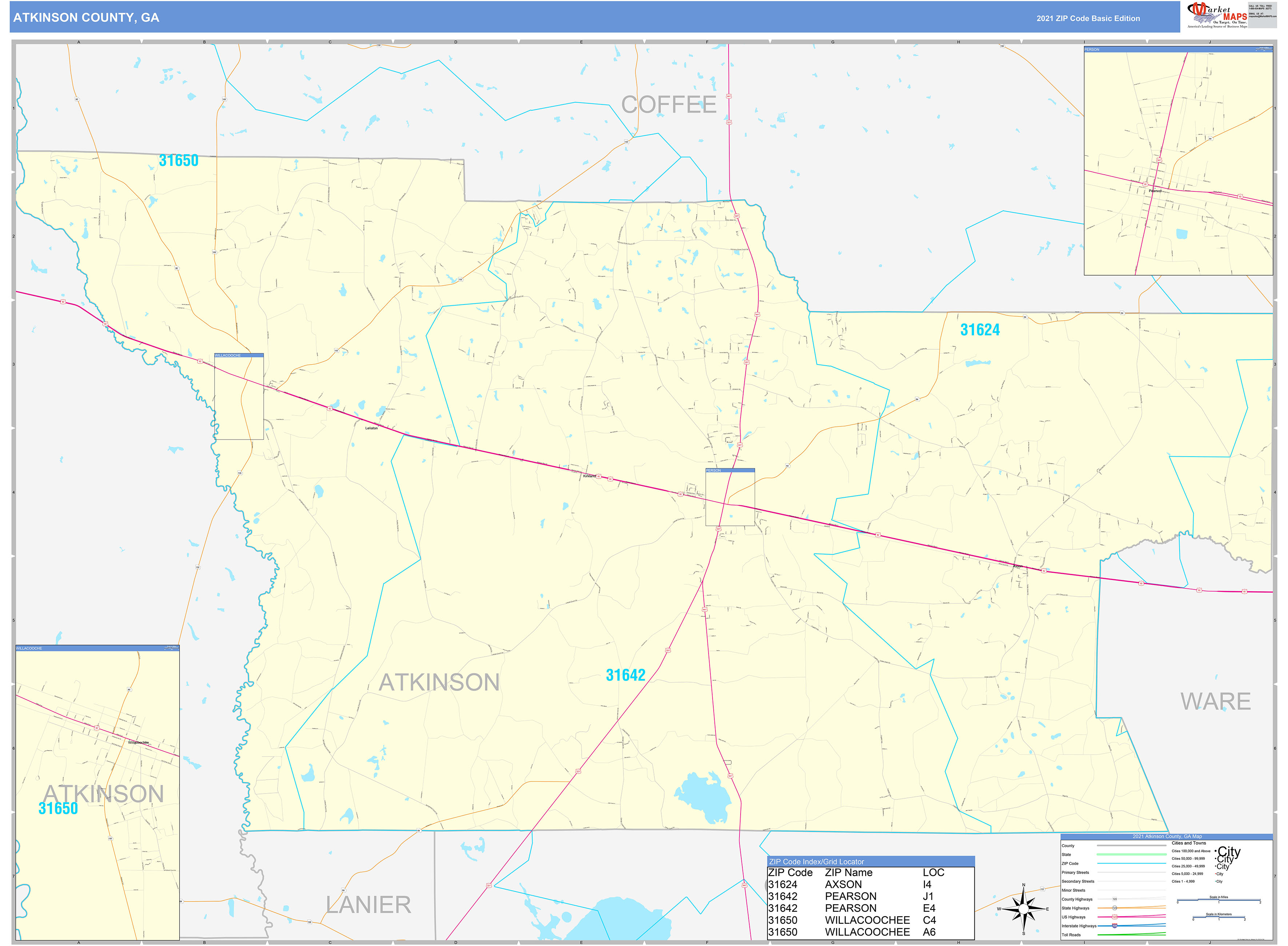 Atkinson County, GA Zip Code Wall Map Basic Style by MarketMAPS - MapSales