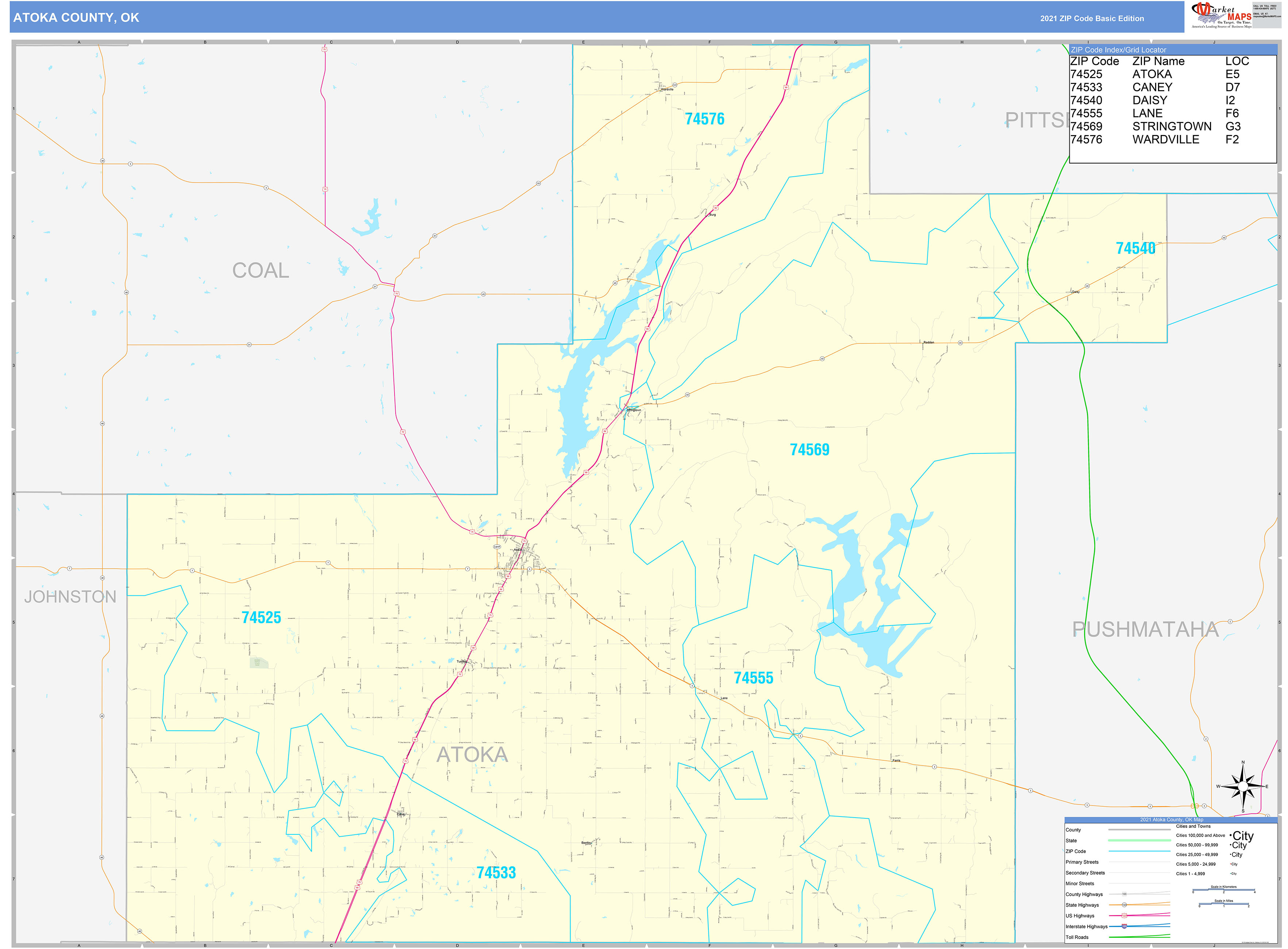 Atoka County, OK Zip Code Wall Map Basic Style by MarketMAPS