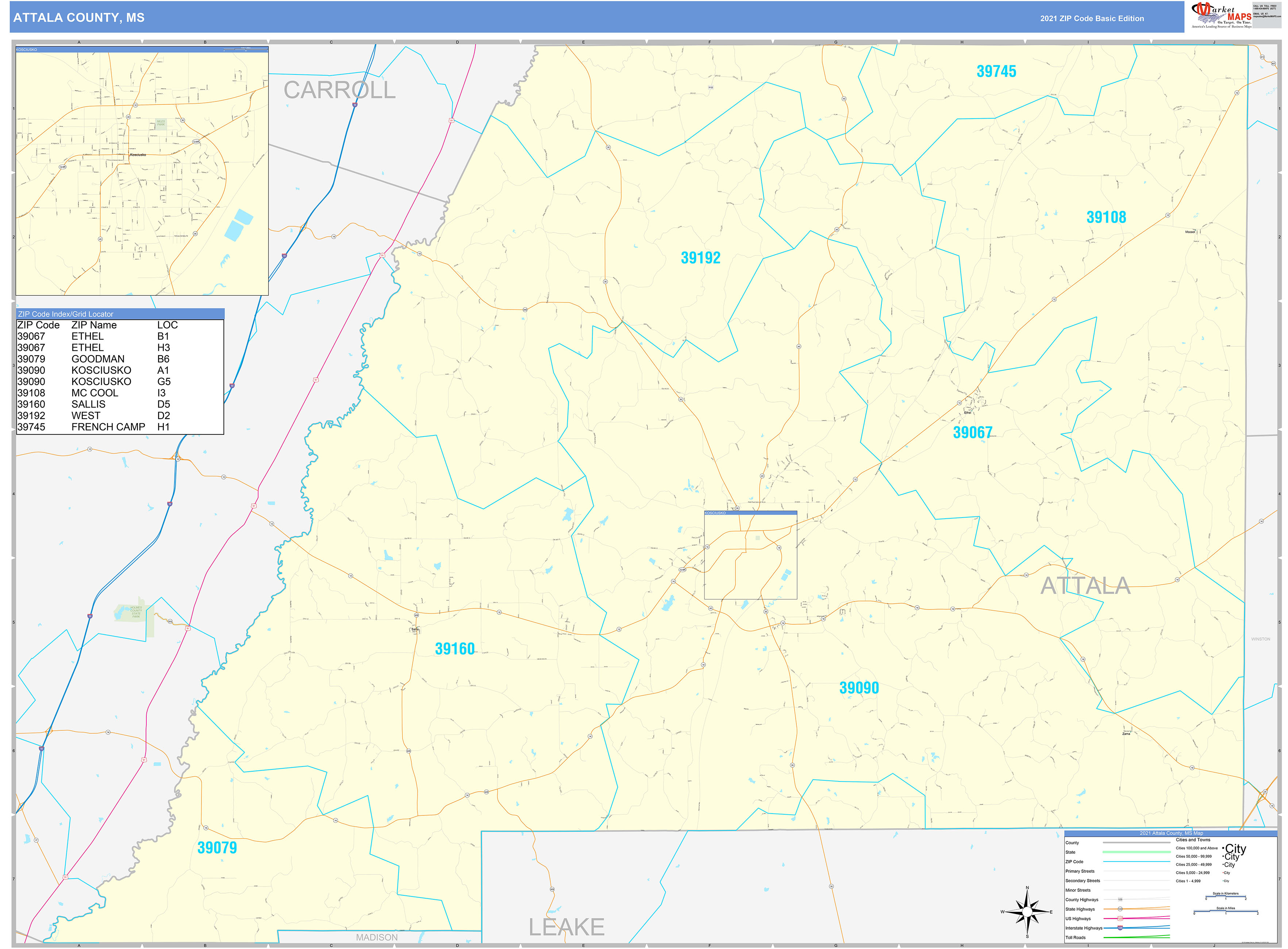 Attala County, MS Zip Code Wall Map Basic Style by MarketMAPS - MapSales