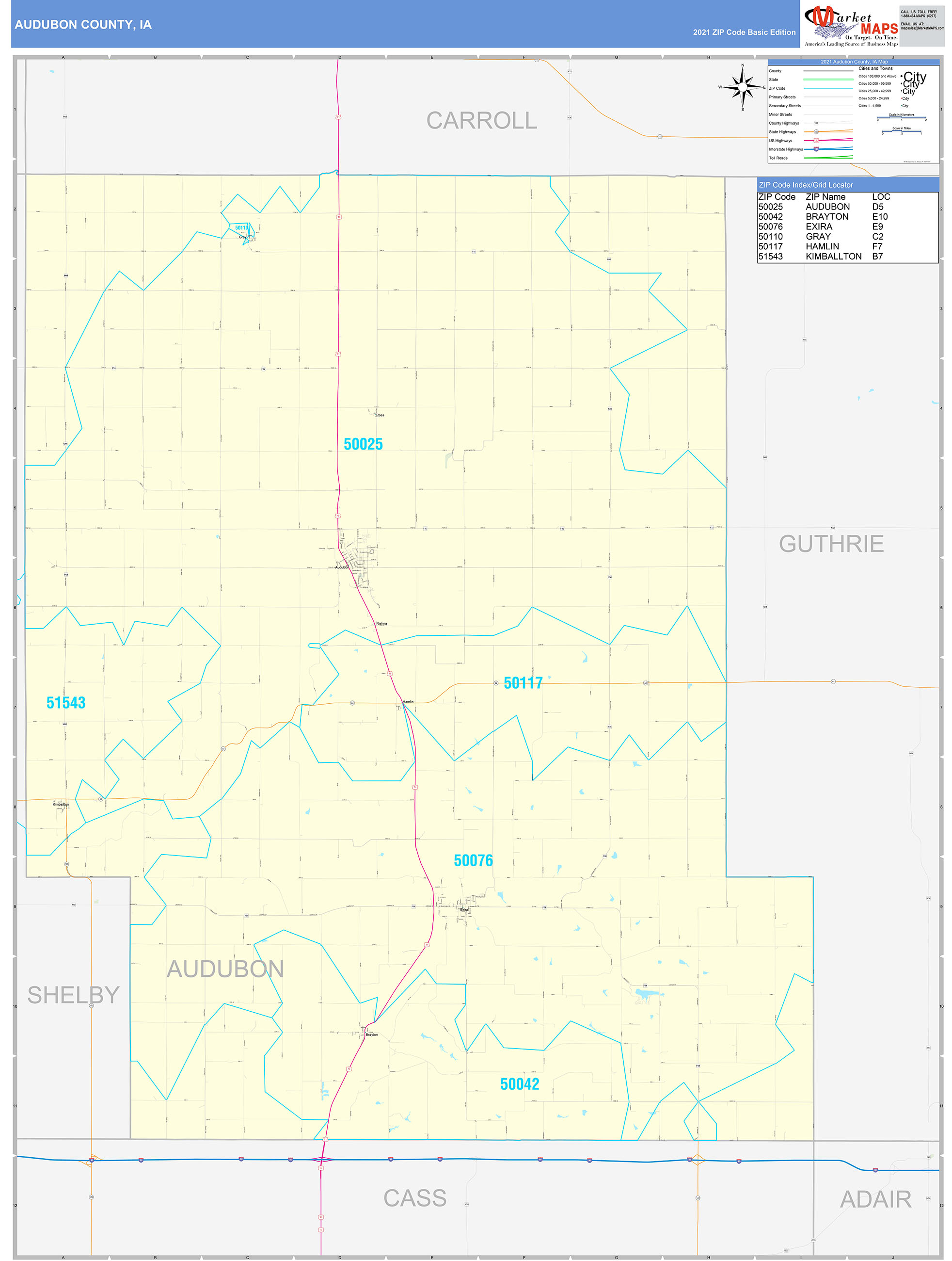 Audubon County, IA Zip Code Wall Map Basic Style by MarketMAPS