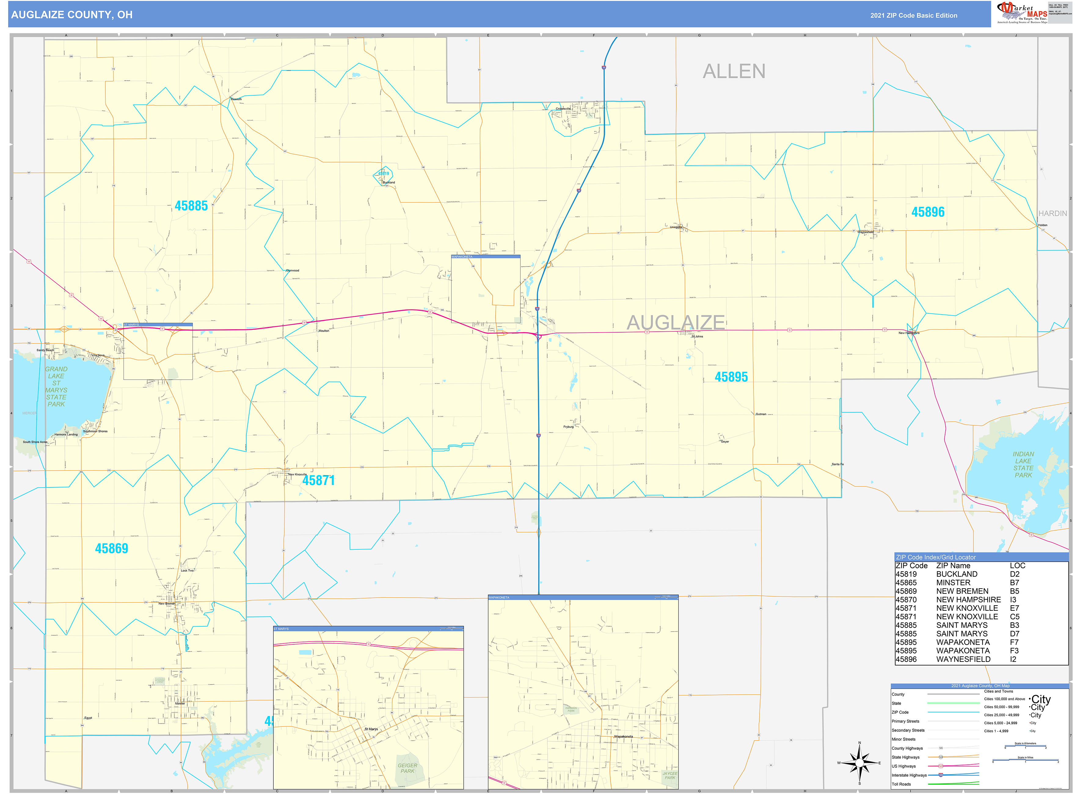 Auglaize County, OH Zip Code Wall Map Basic Style by MarketMAPS MapSales