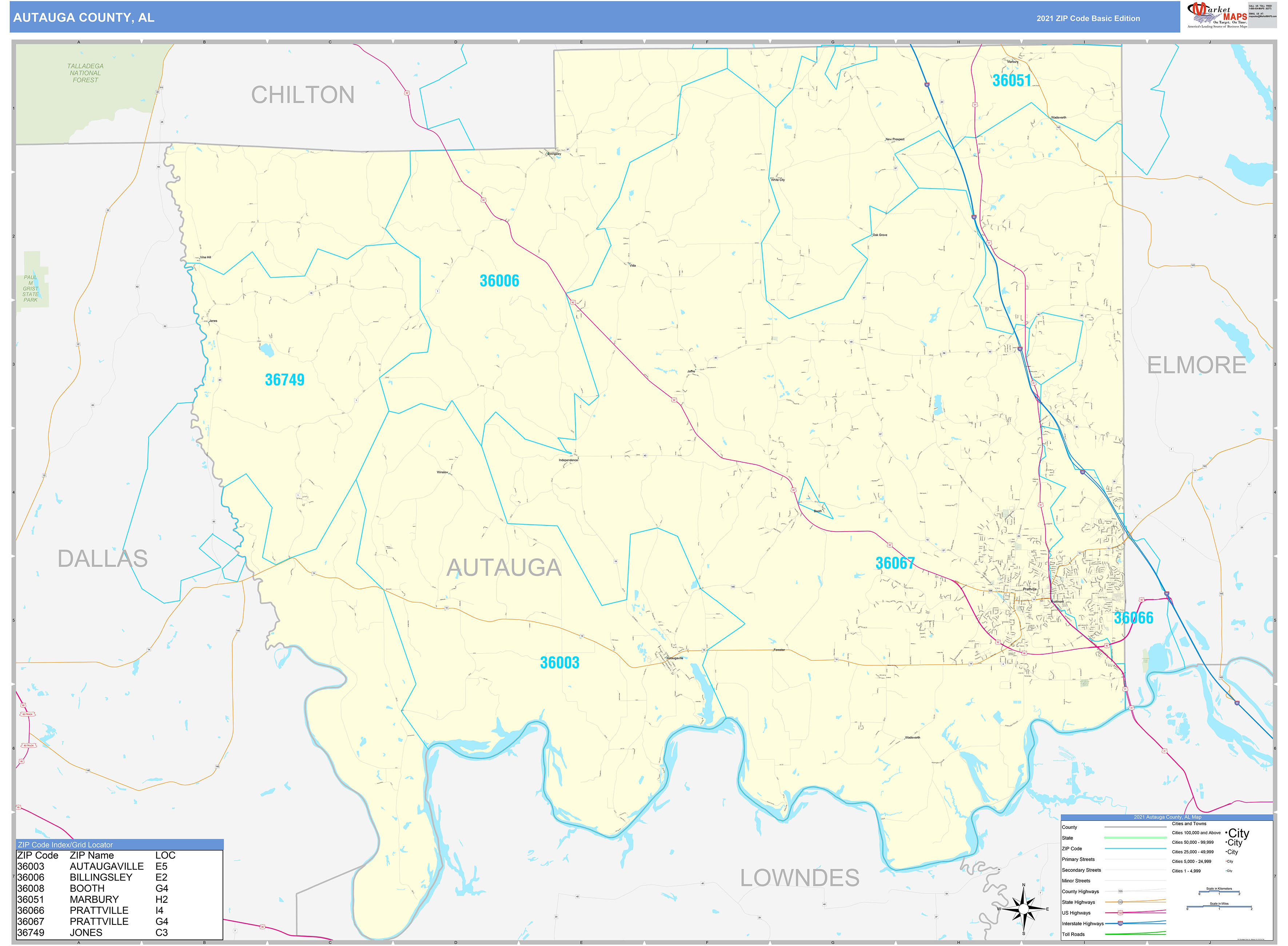 Autauga County AL Zip Code Wall Map Basic Style by MarketMAPS MapSales