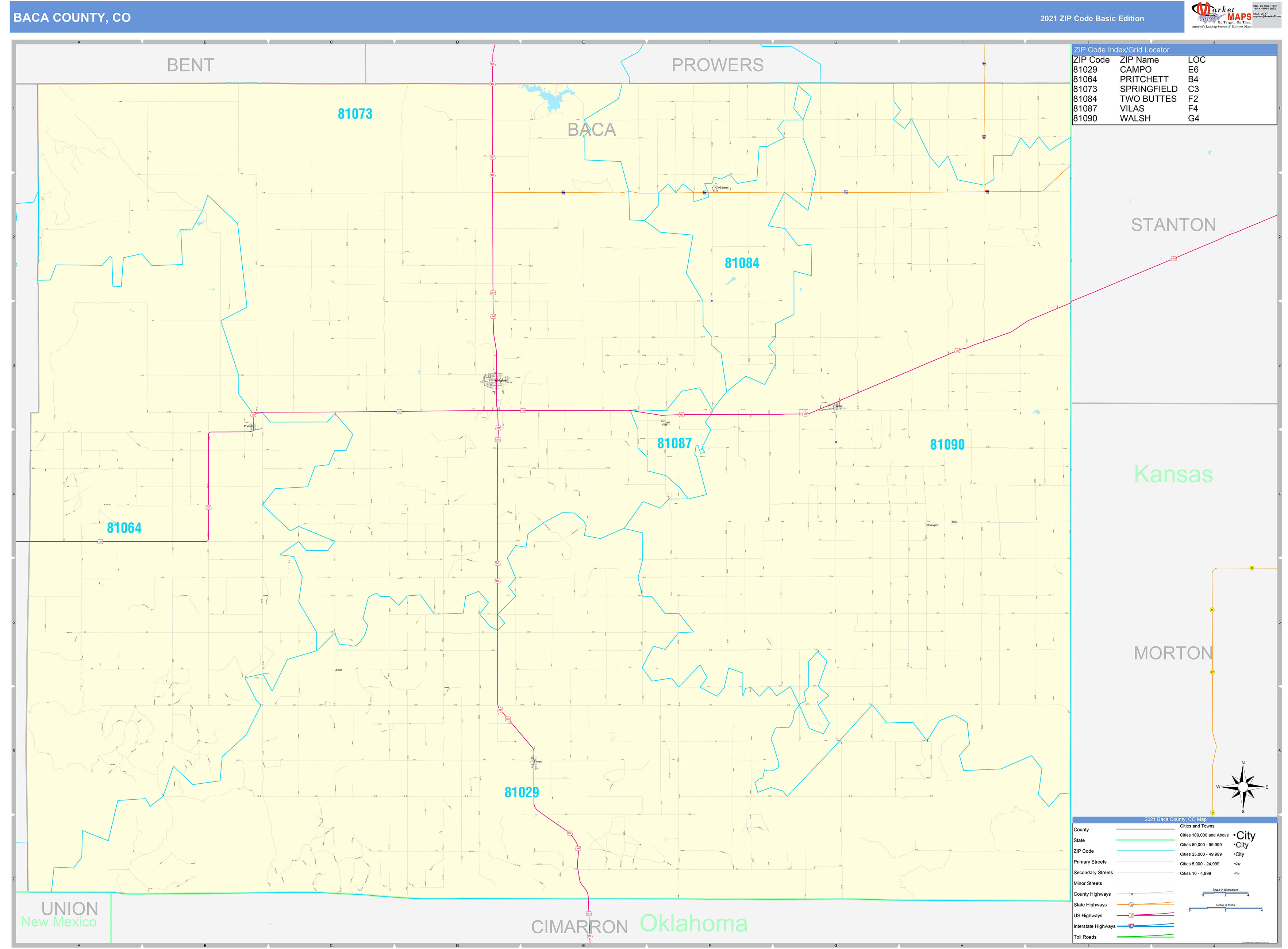 Baca County, CO Zip Code Wall Map Basic Style by MarketMAPS - MapSales