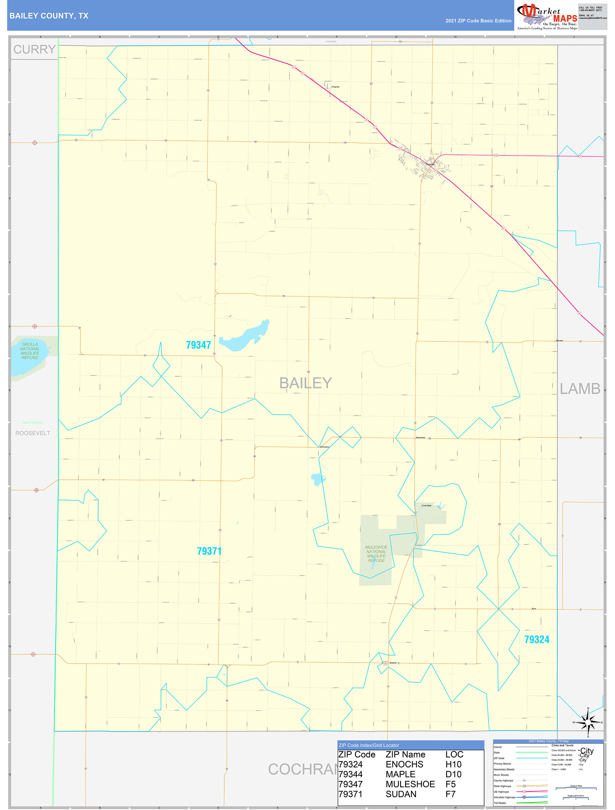 Bailey County, TX Zip Code Wall Map Basic Style by MarketMAPS MapSales