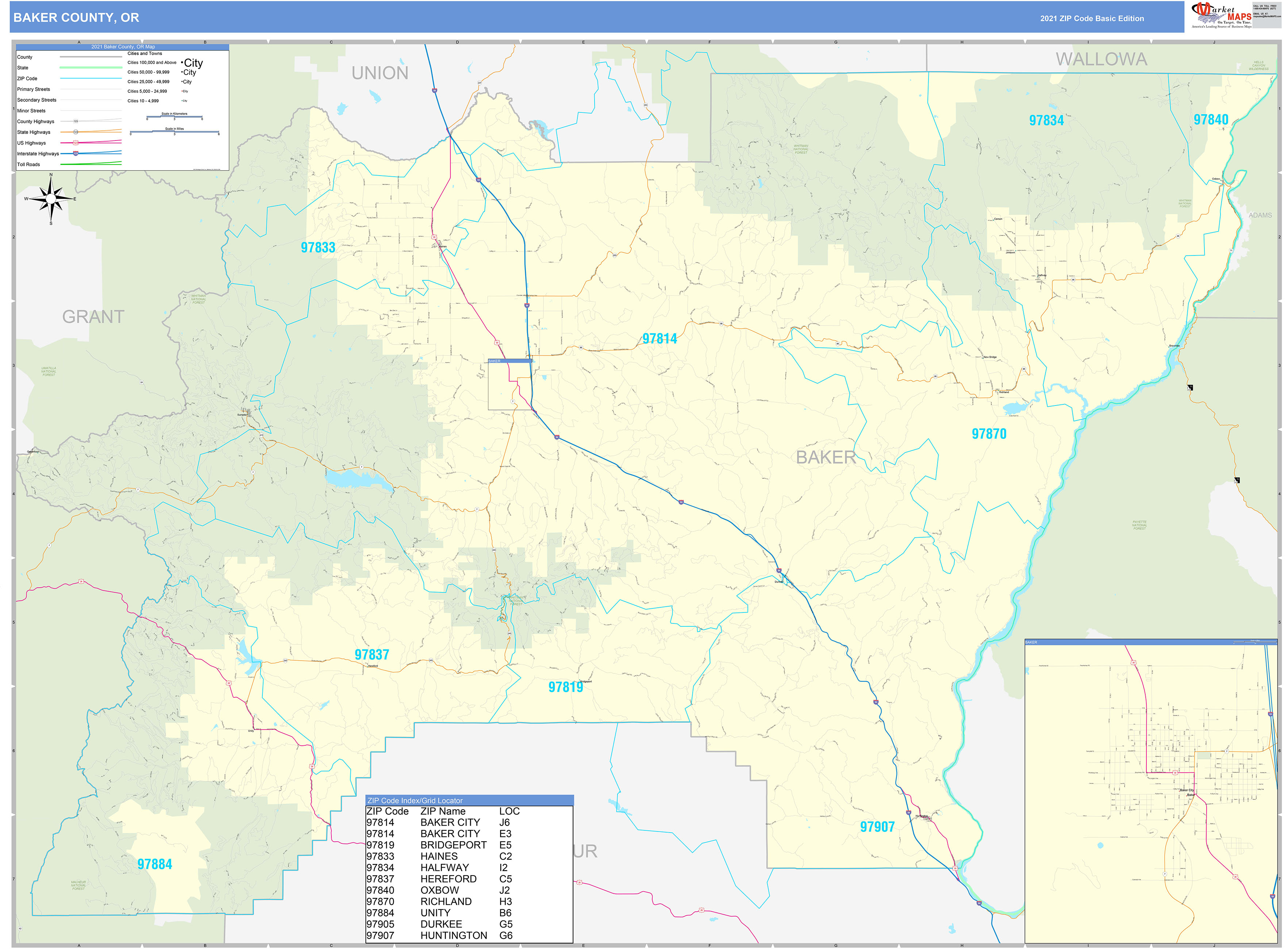 Baker County, OR Zip Code Wall Map Basic Style by MarketMAPS MapSales
