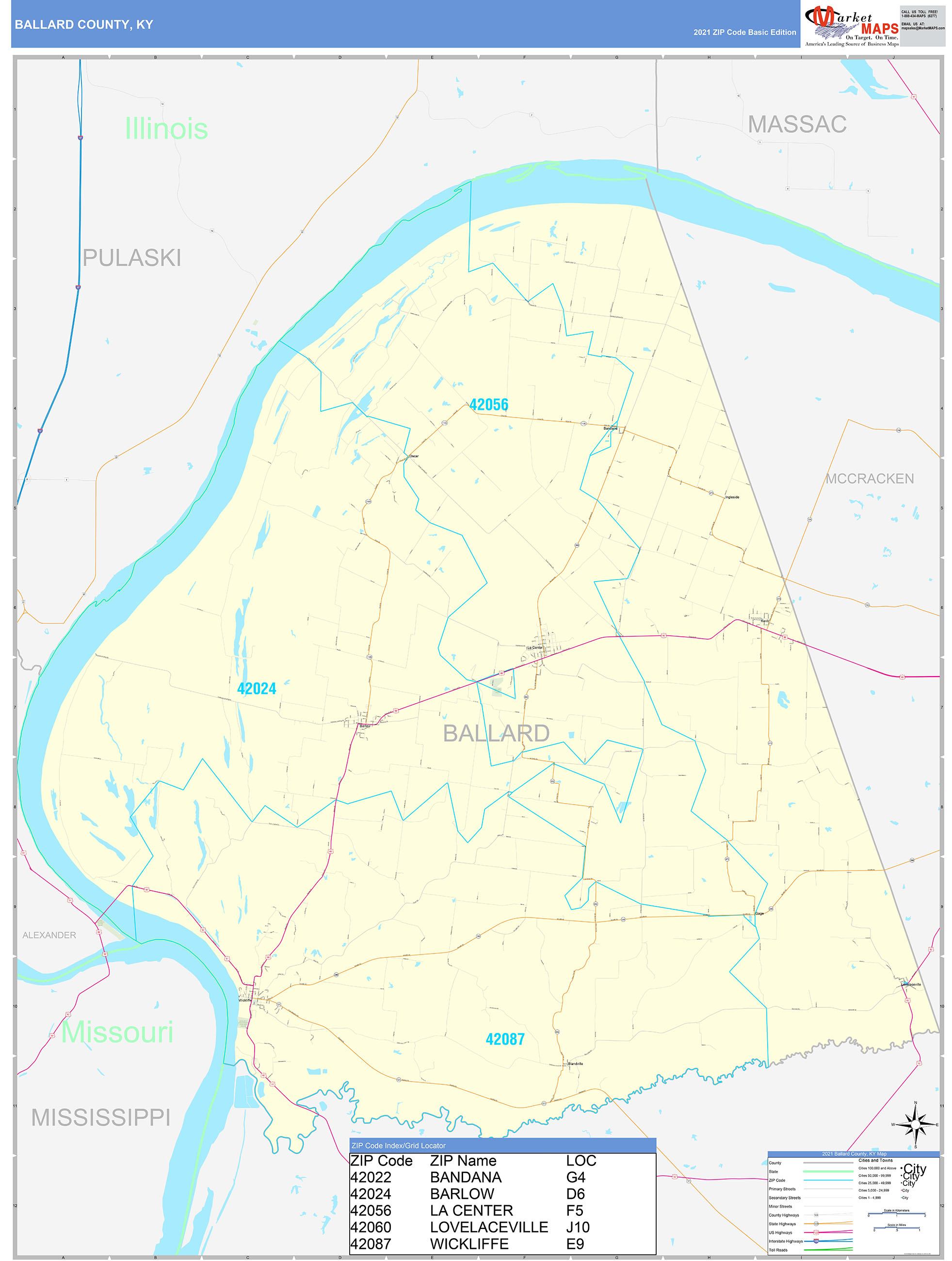 Ballard County, KY Zip Code Wall Map Basic Style by MarketMAPS