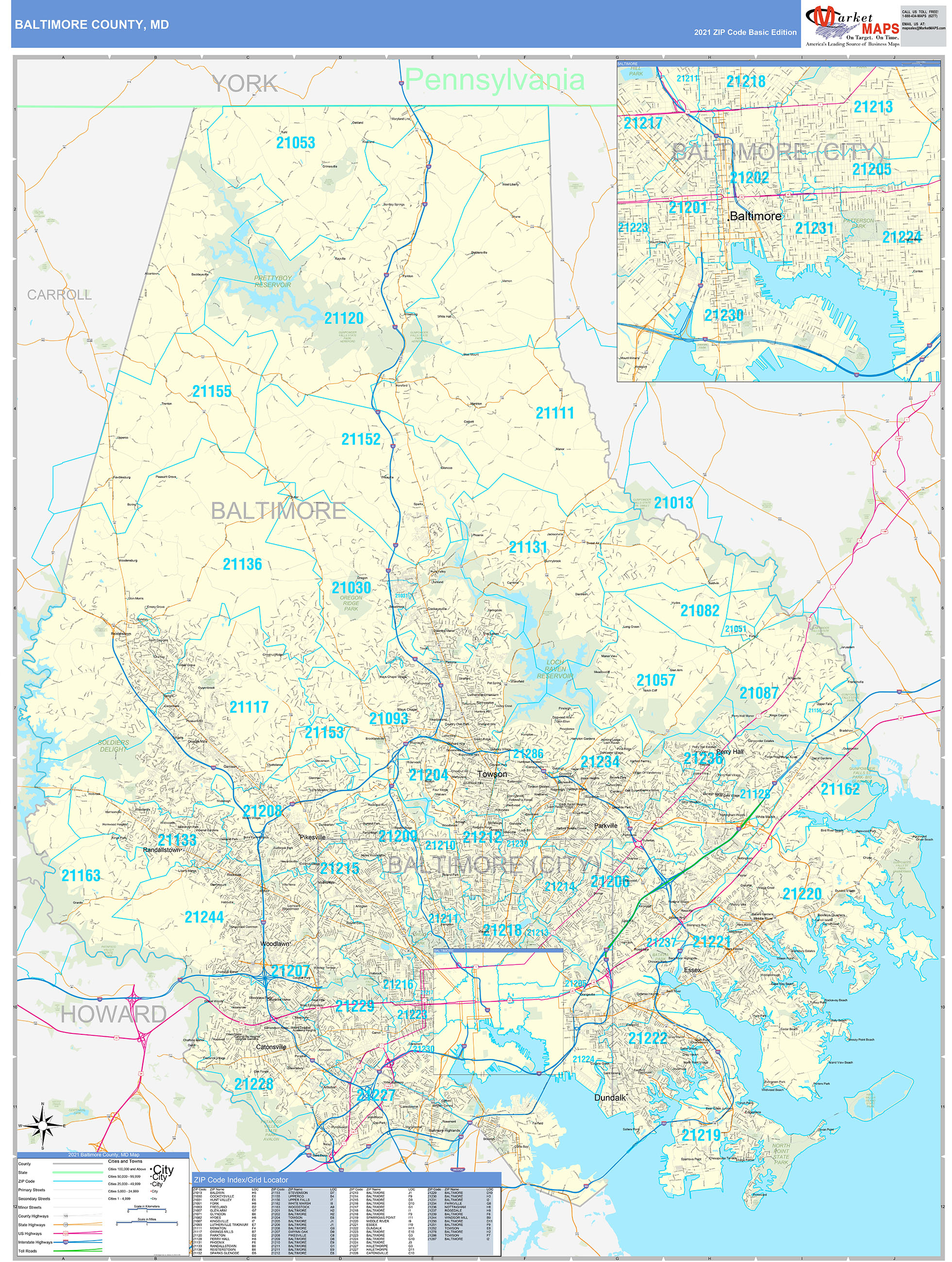 Baltimore County, MD Zip Code Wall Map Basic Style by MarketMAPS - MapSales