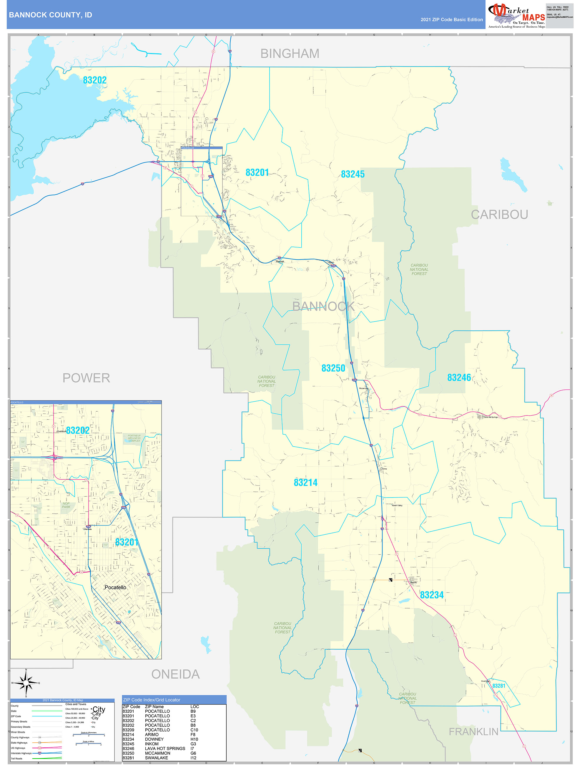 Bannock County, ID Zip Code Wall Map Basic Style by MarketMAPS - MapSales