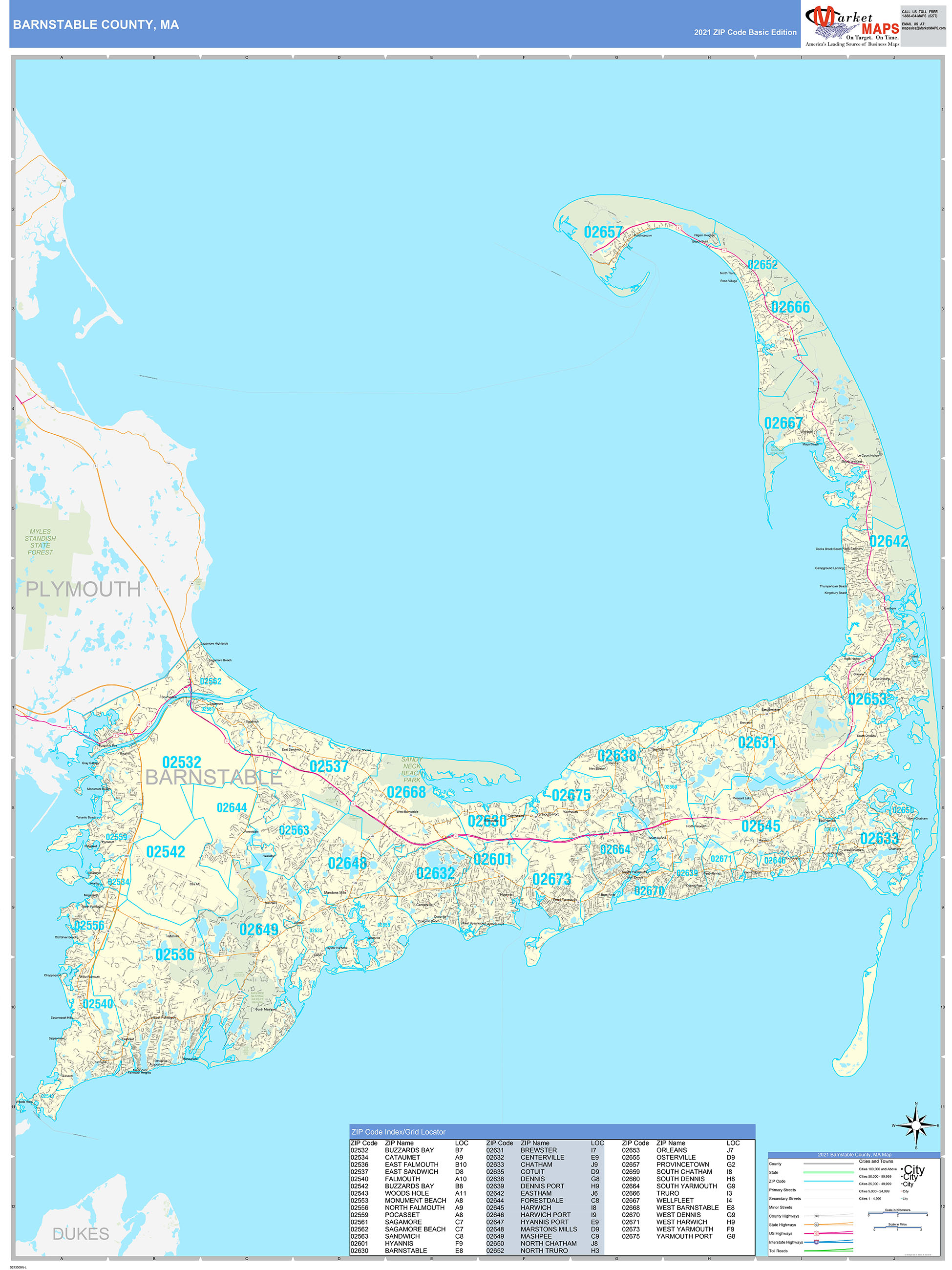 Barnstable County, MA Zip Code Wall Map Basic Style by MarketMAPS