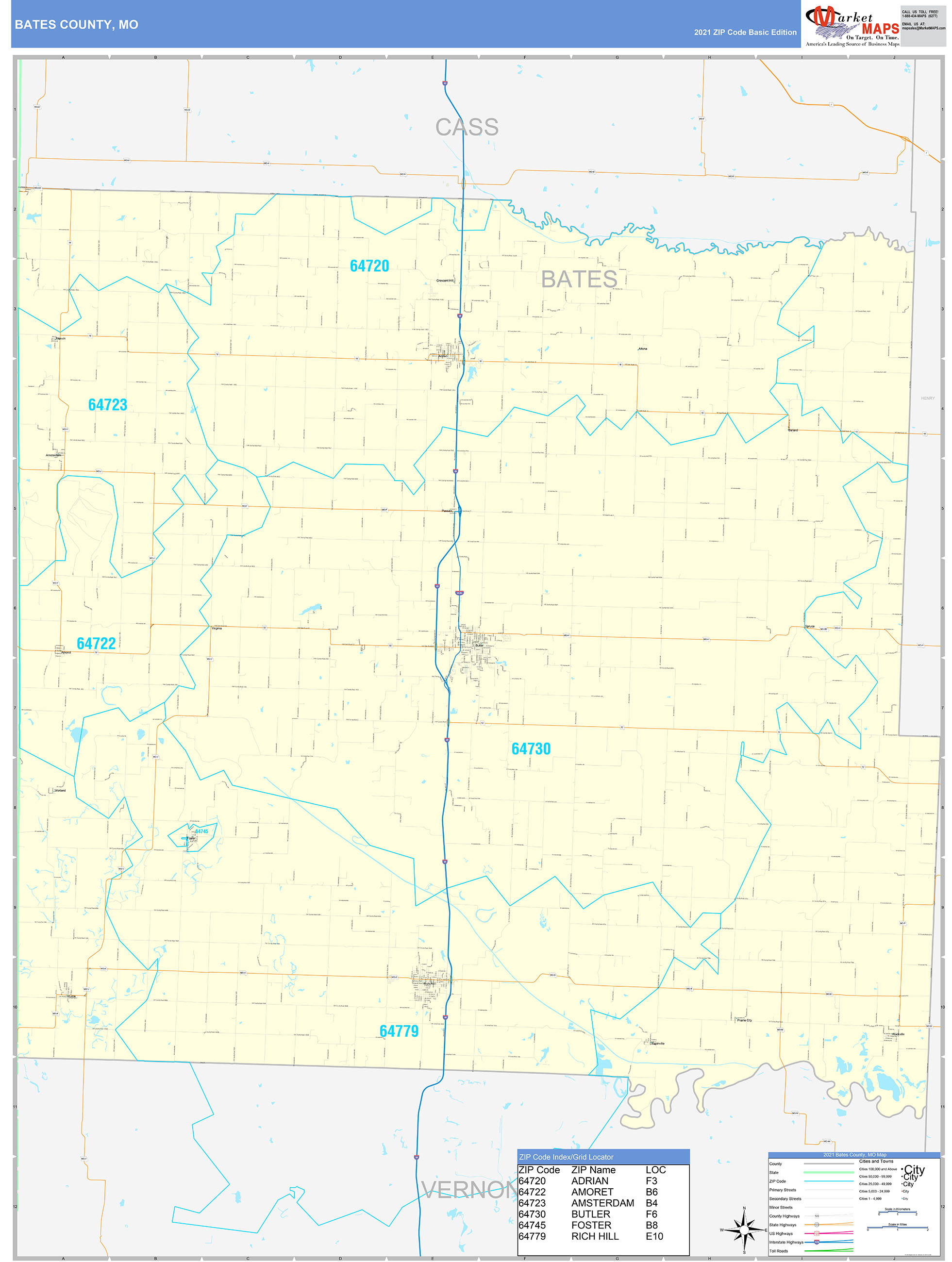 Bates County Mo Zip Code Wall Map Basic Style By Marketmaps Mapsales 5456