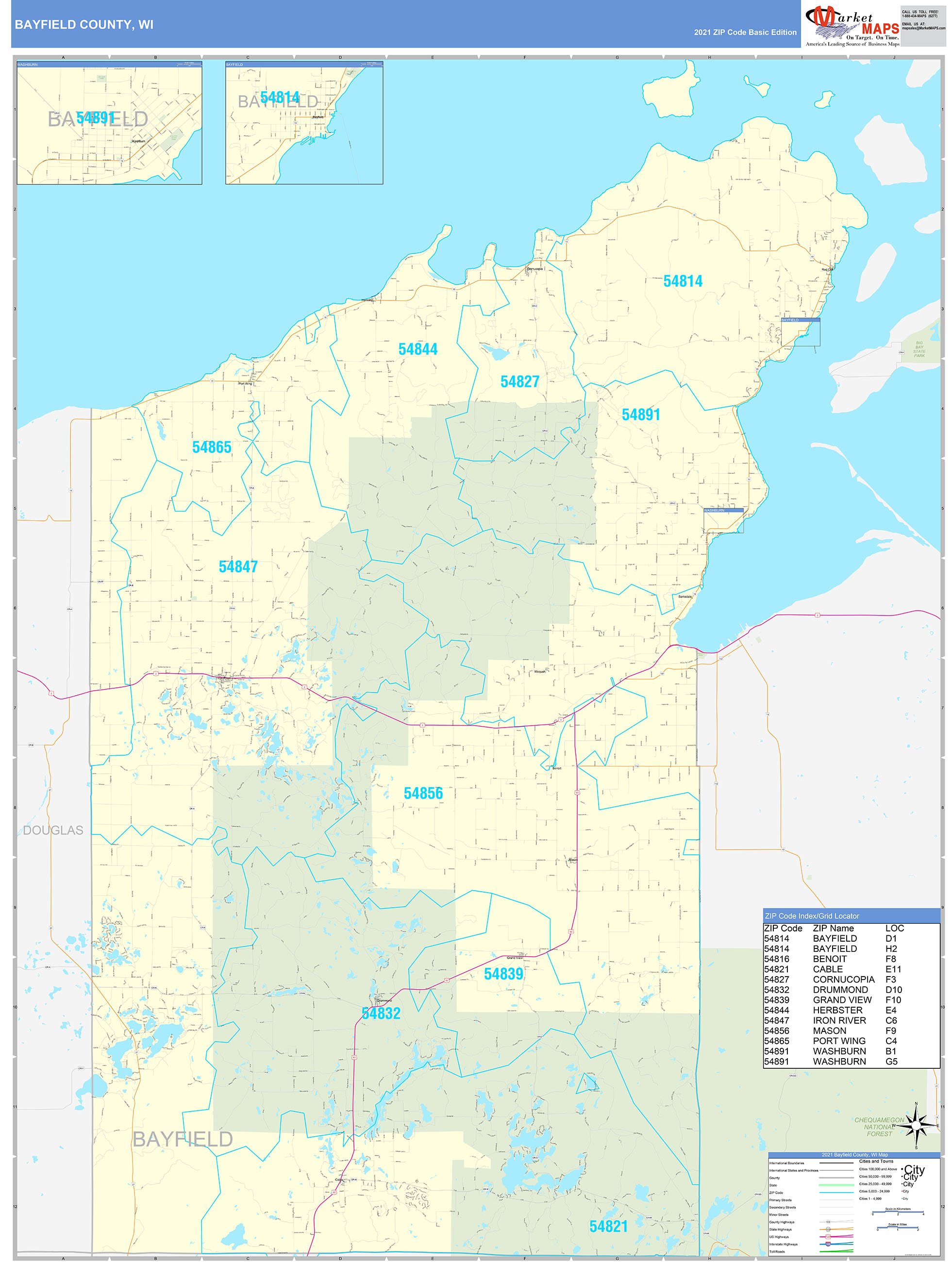 Bayfield County Wi Zip Code Wall Map Basic Style By Marketmaps
