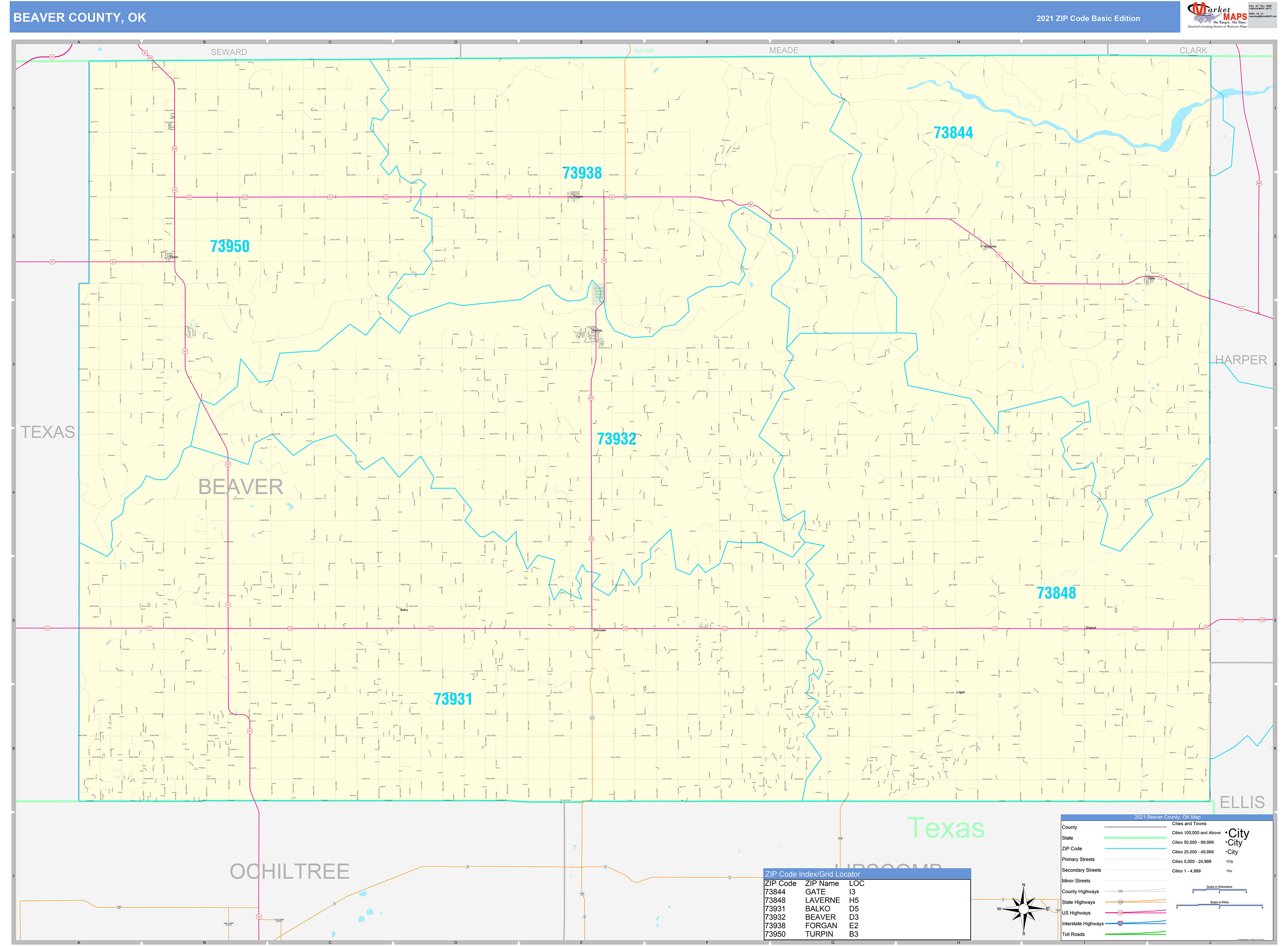 Beaver County, OK Zip Code Wall Map Basic Style by MarketMAPS - MapSales