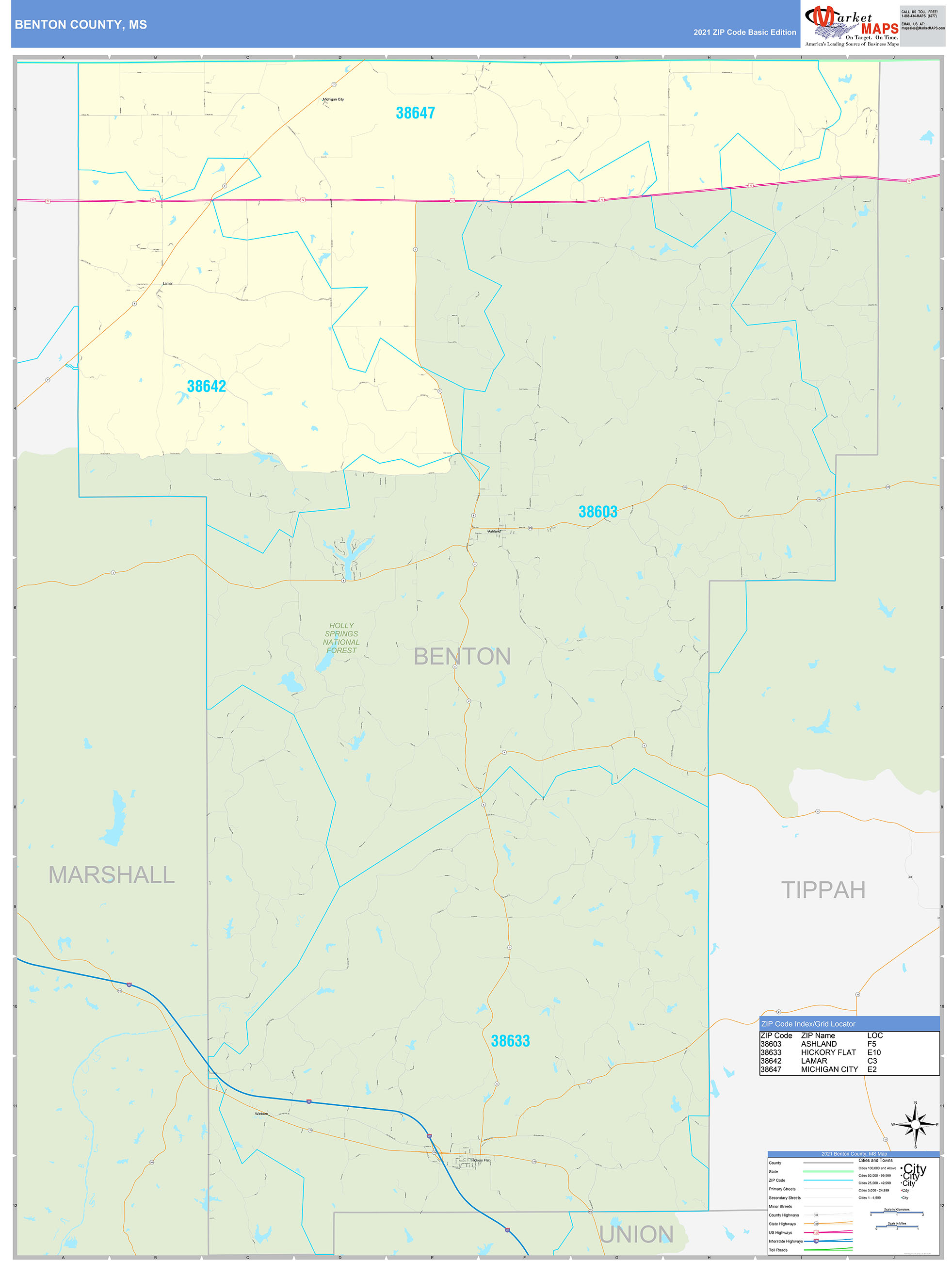 Benton County, MS Zip Code Wall Map Basic Style by MarketMAPS