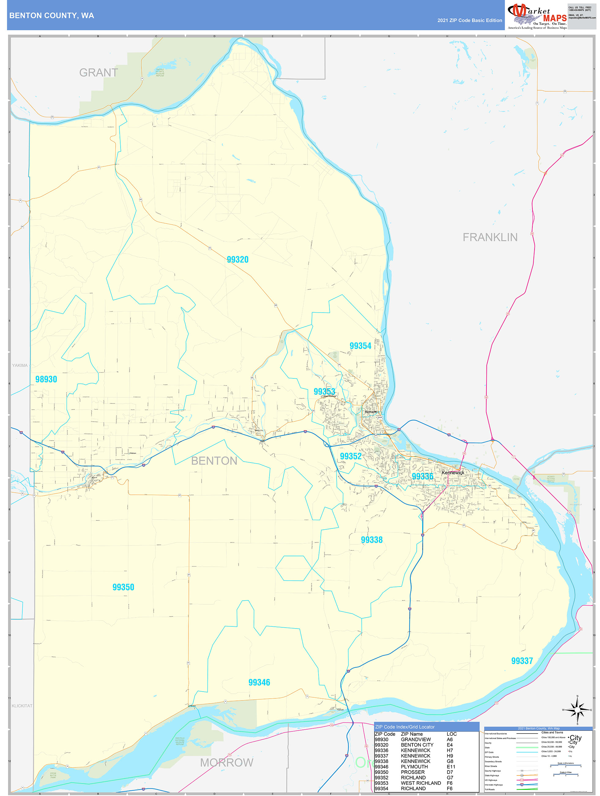 Benton County, WA Zip Code Wall Map Basic Style by MarketMAPS - MapSales
