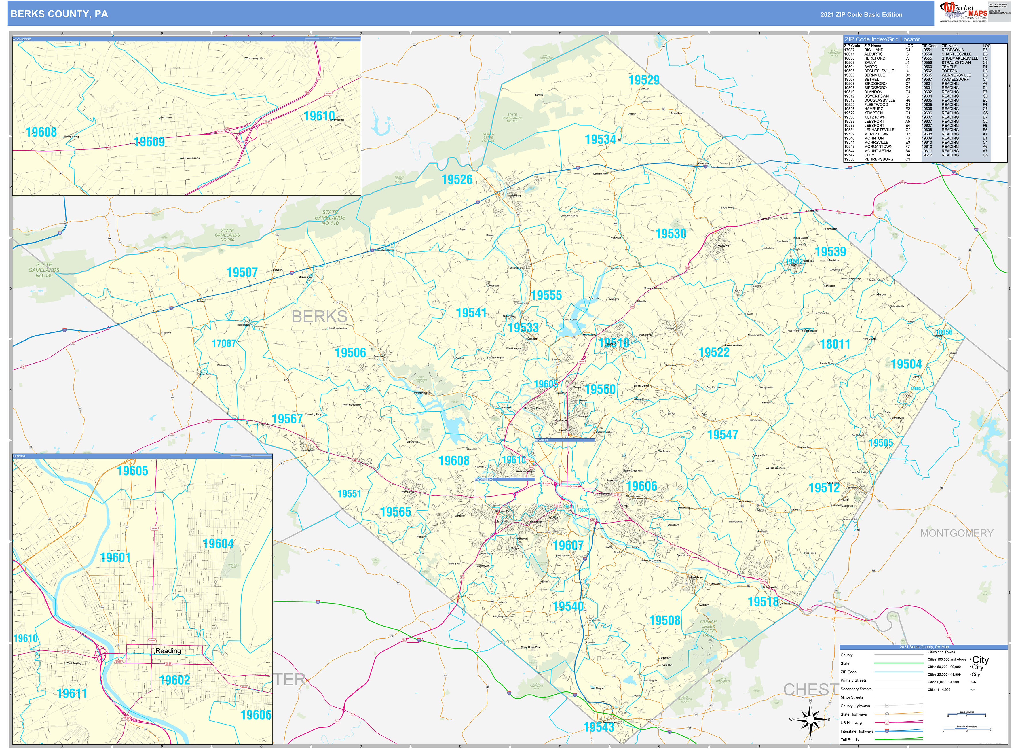 Berks County, PA Zip Code Wall Map Basic Style by MarketMAPS MapSales