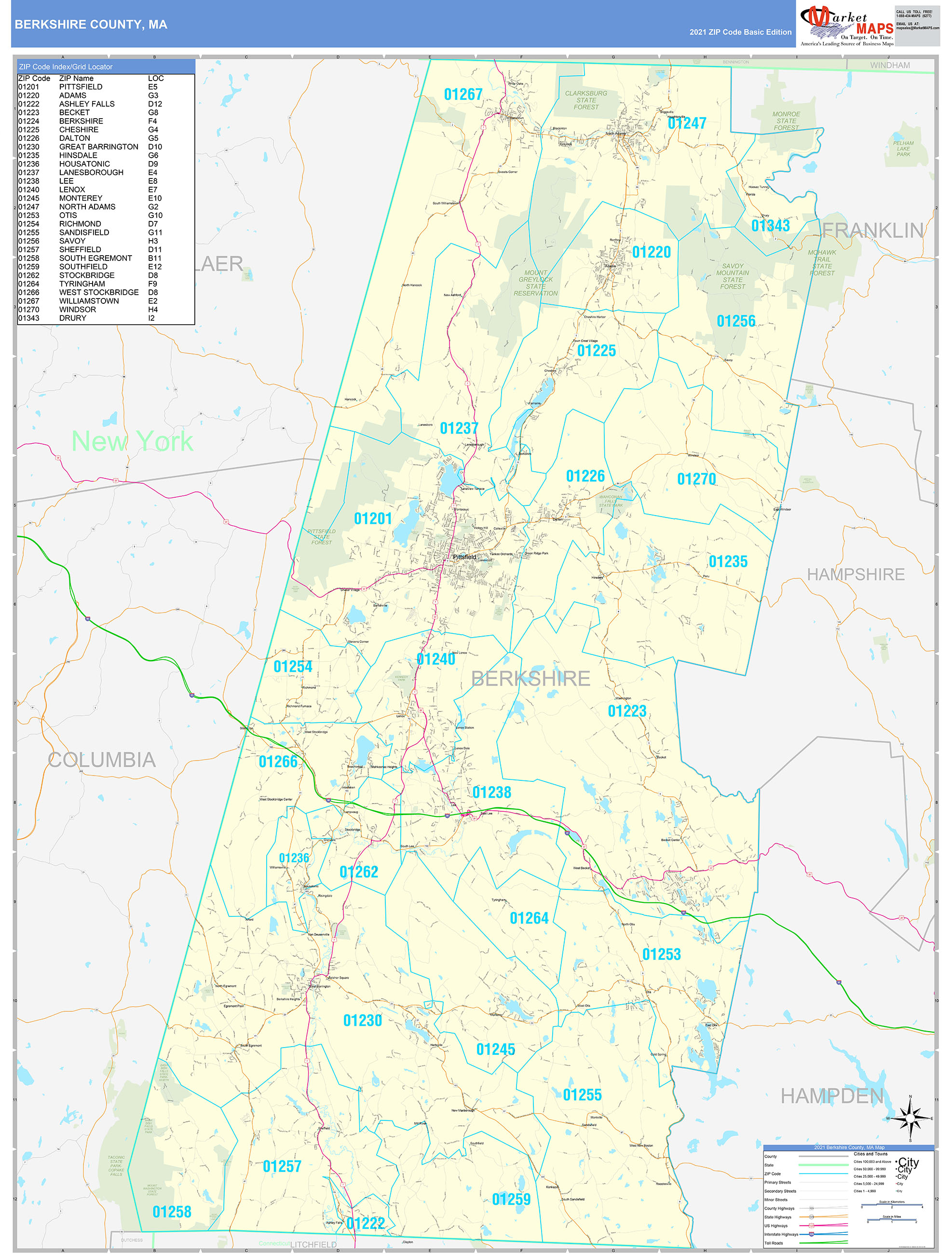 Berkshire County Ma Zip Code Wall Map Basic Style By Marketmaps Mapsales