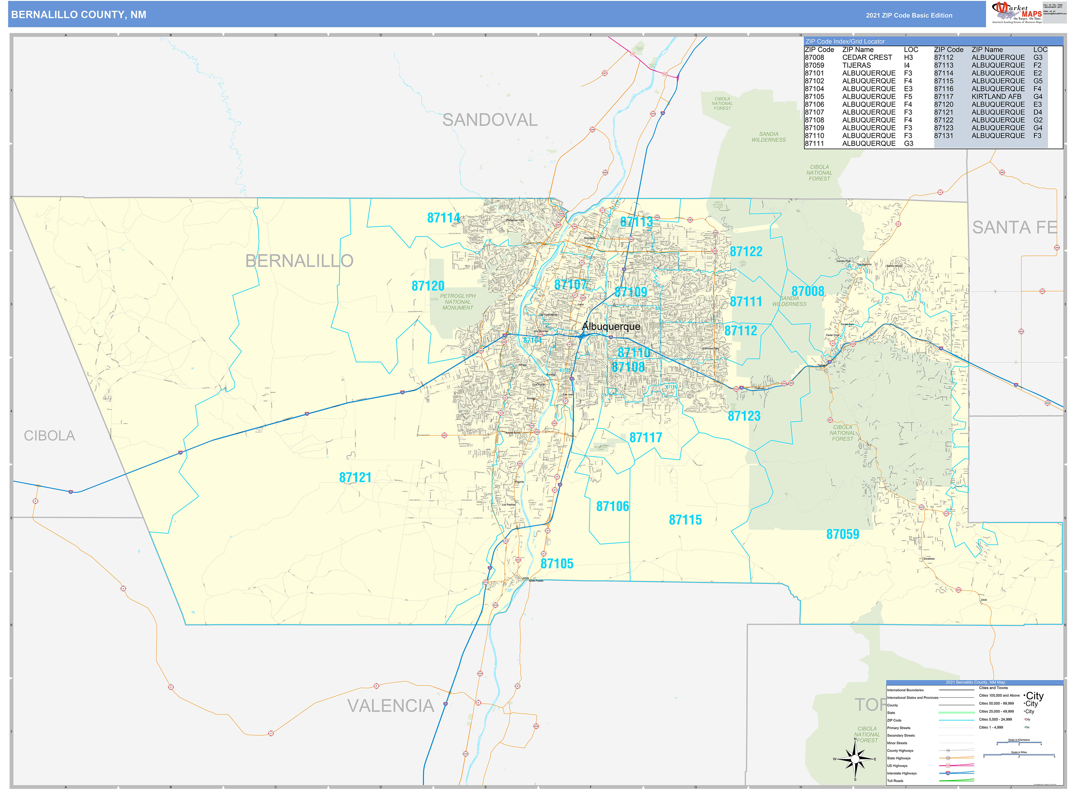 Bernalillo County, NM Zip Code Wall Map Basic Style by MarketMAPS