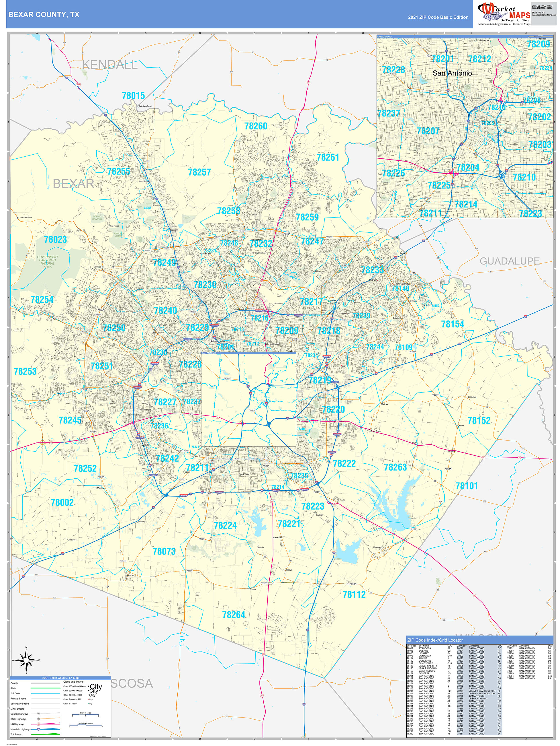 Bexar County, TX Zip Code Wall Map Basic Style by MarketMAPS MapSales