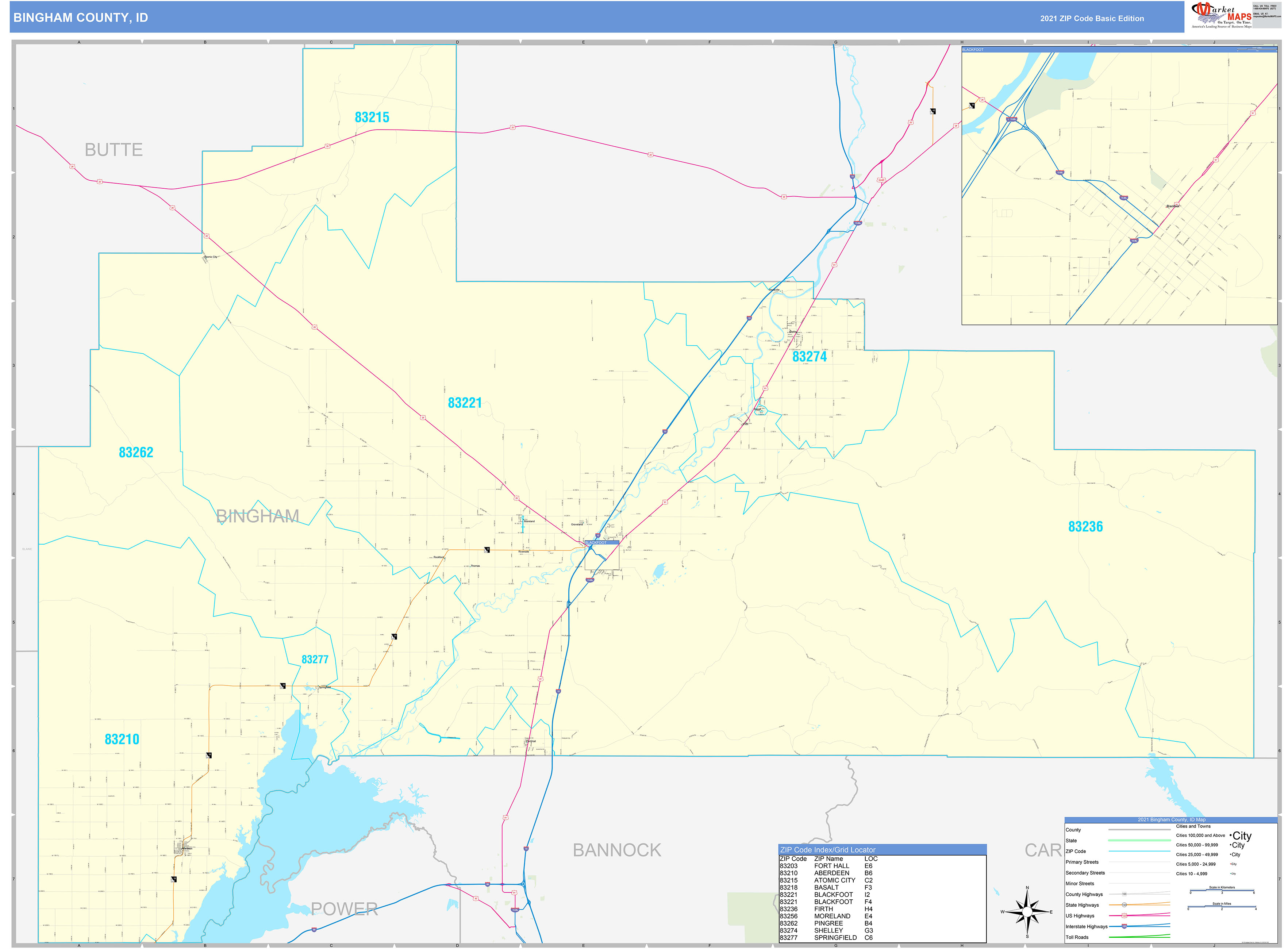 Bingham County, ID Zip Code Wall Map Basic Style by MarketMAPS MapSales