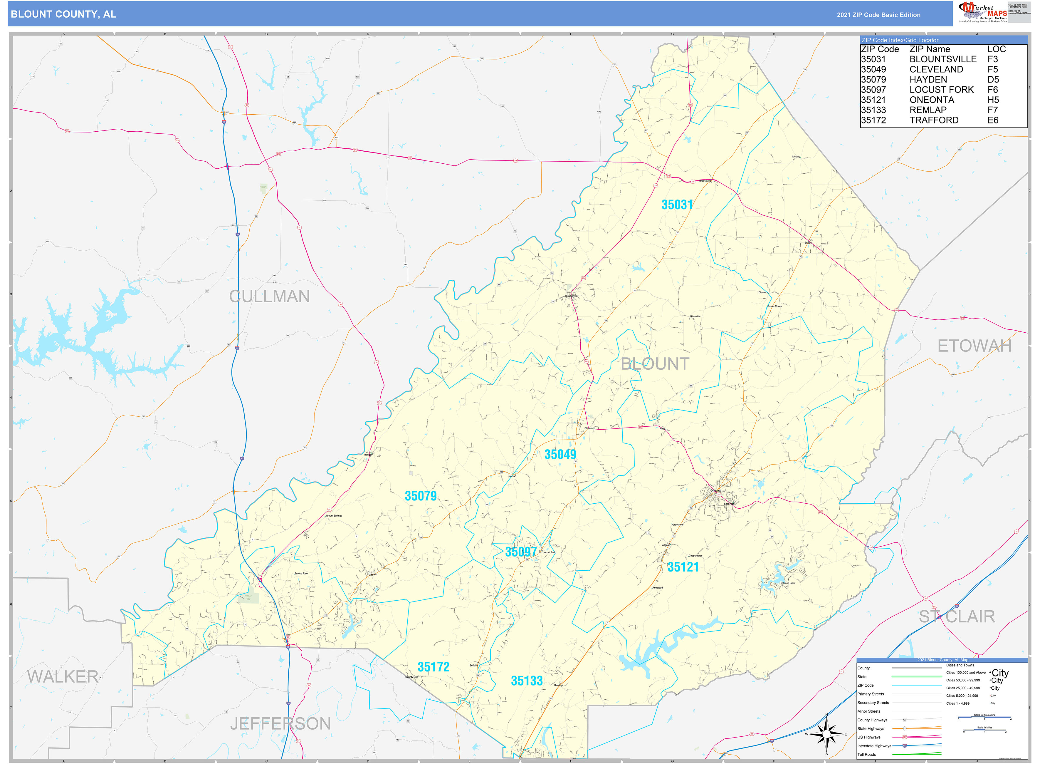 Blount County, AL Zip Code Wall Map Basic Style by MarketMAPS - MapSales
