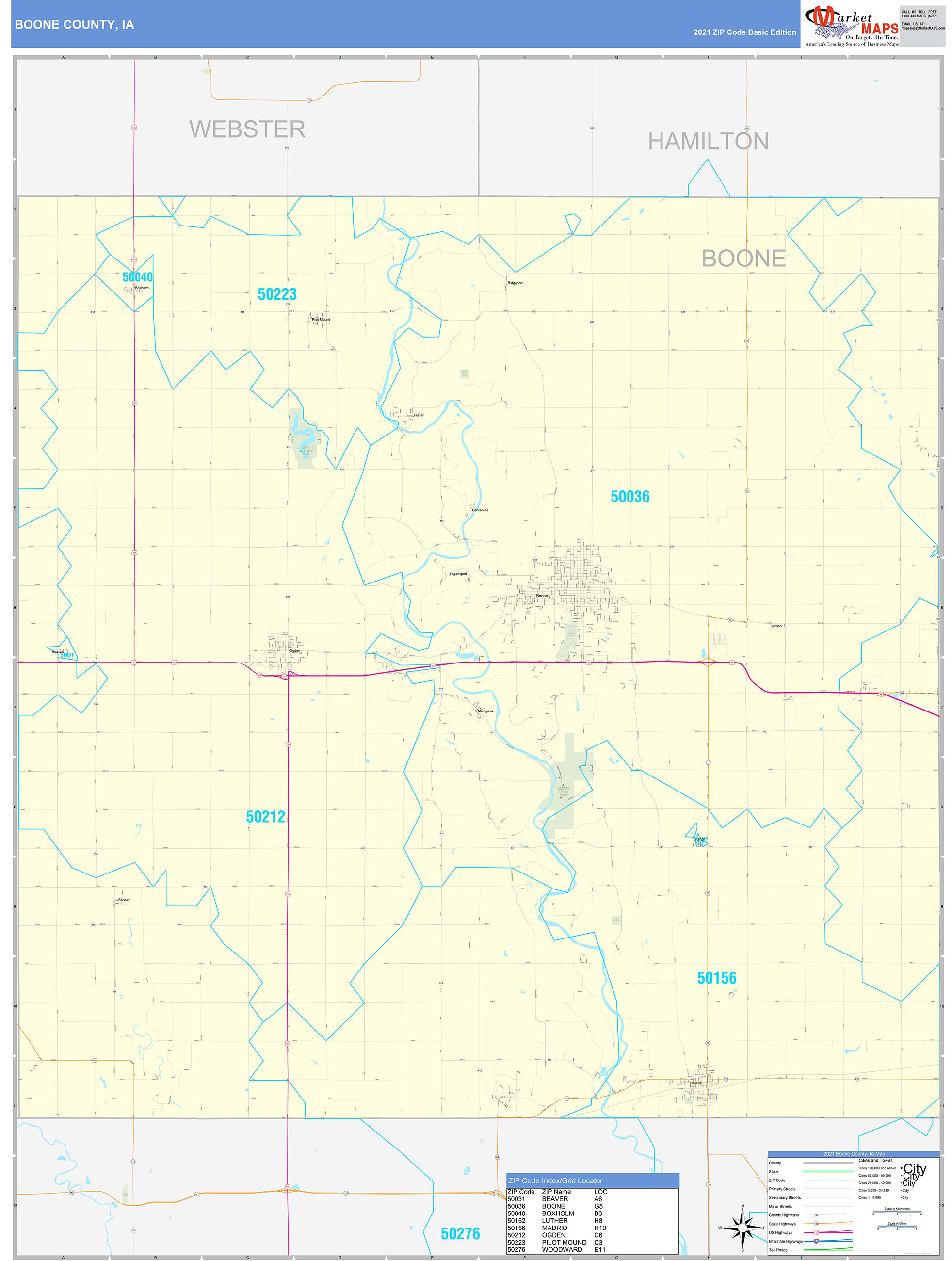 Boone County, IA Zip Code Wall Map Basic Style by MarketMAPS MapSales