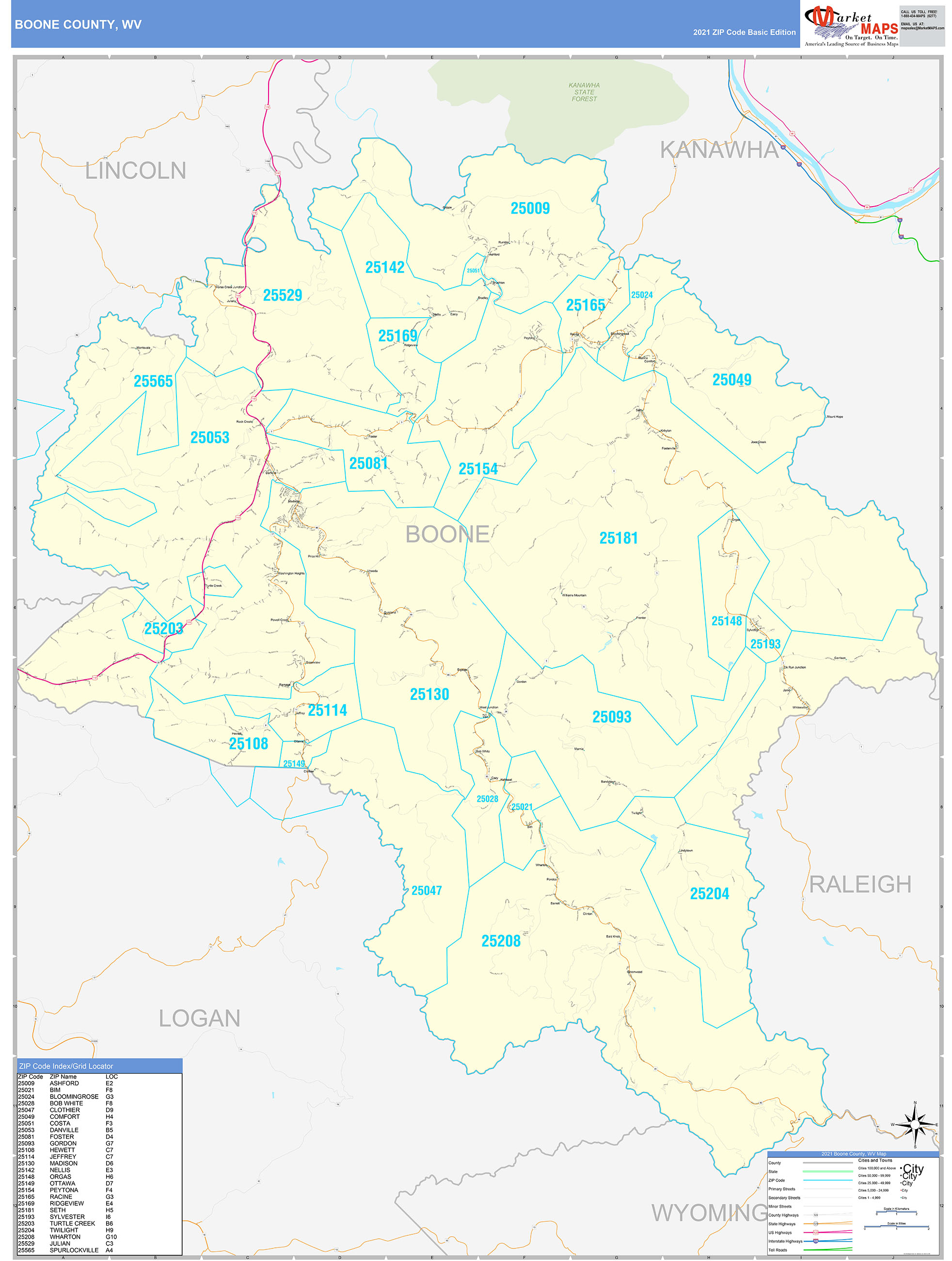 Boone County, WV Zip Code Wall Map Basic Style by MarketMAPS