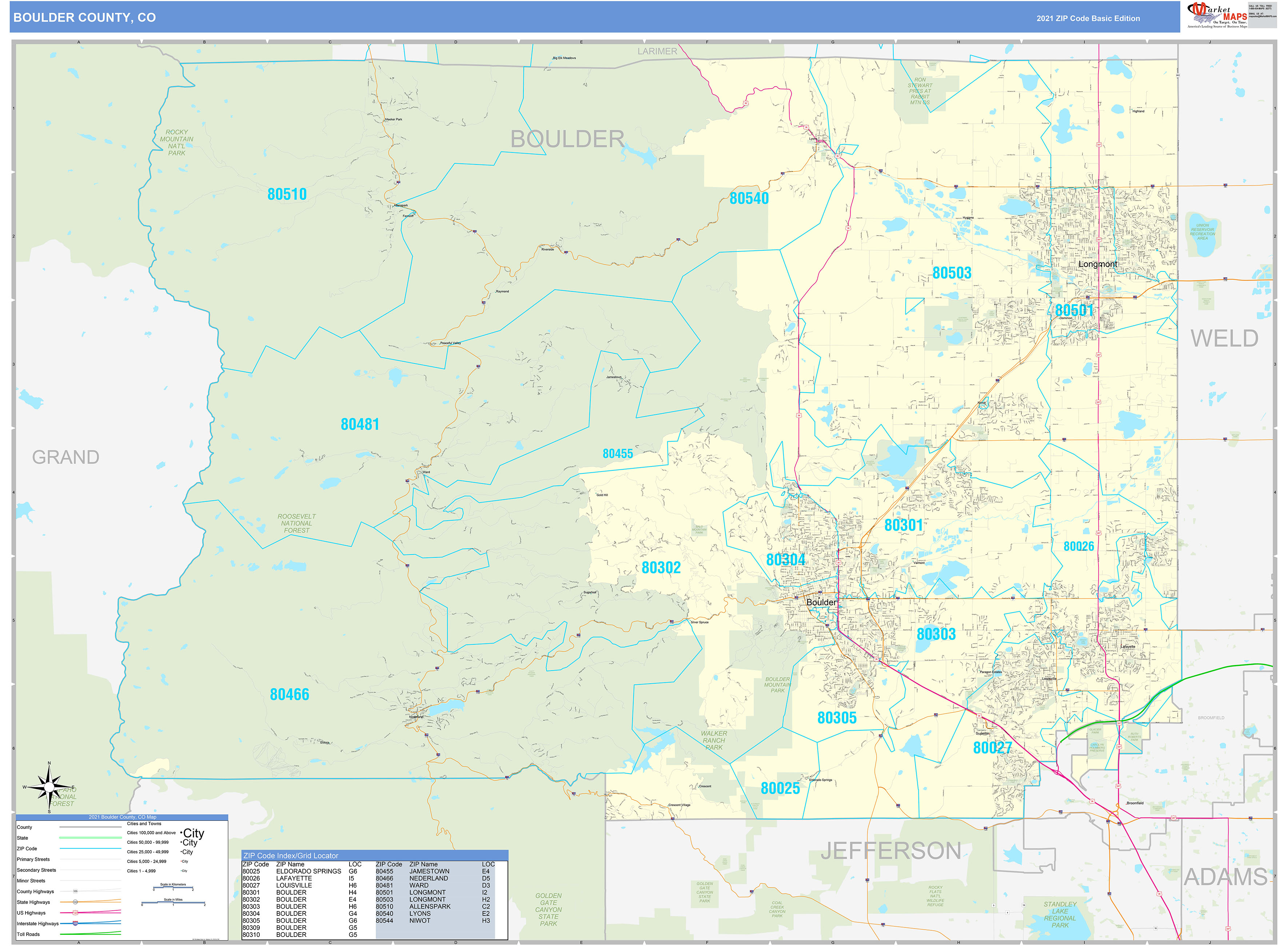 Boulder County, CO Zip Code Wall Map Basic Style by MarketMAPS MapSales