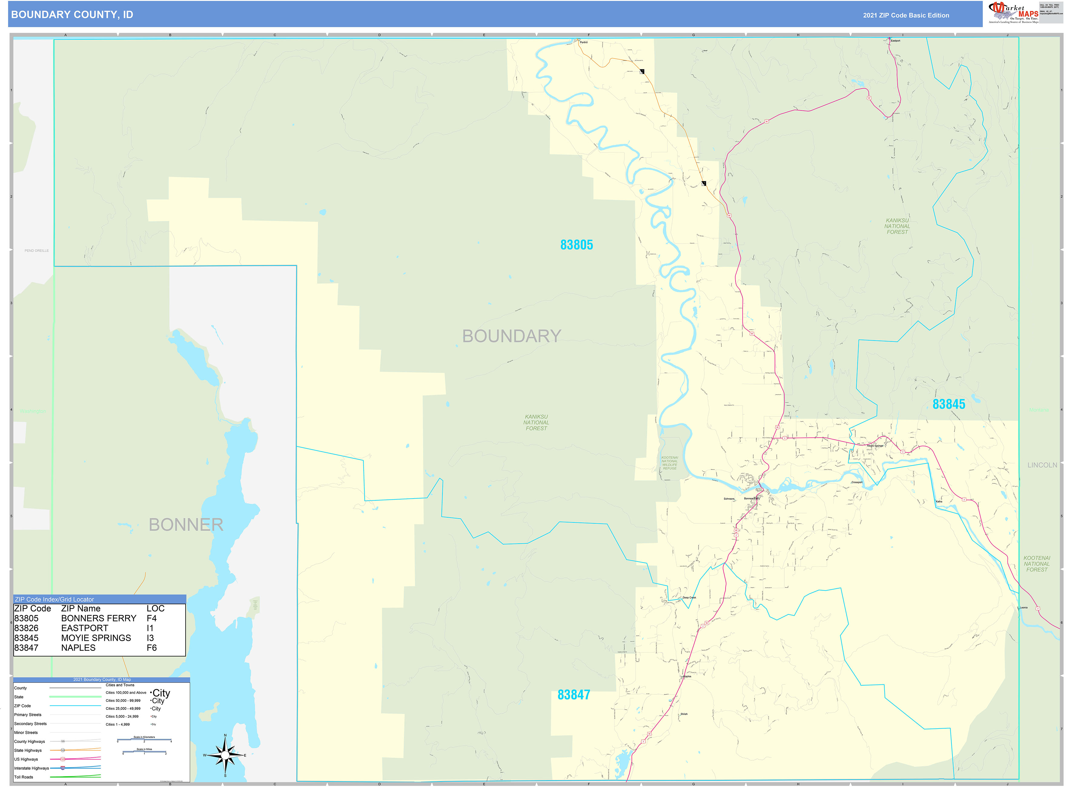 Boundary County, ID Zip Code Wall Map Basic Style by MarketMAPS