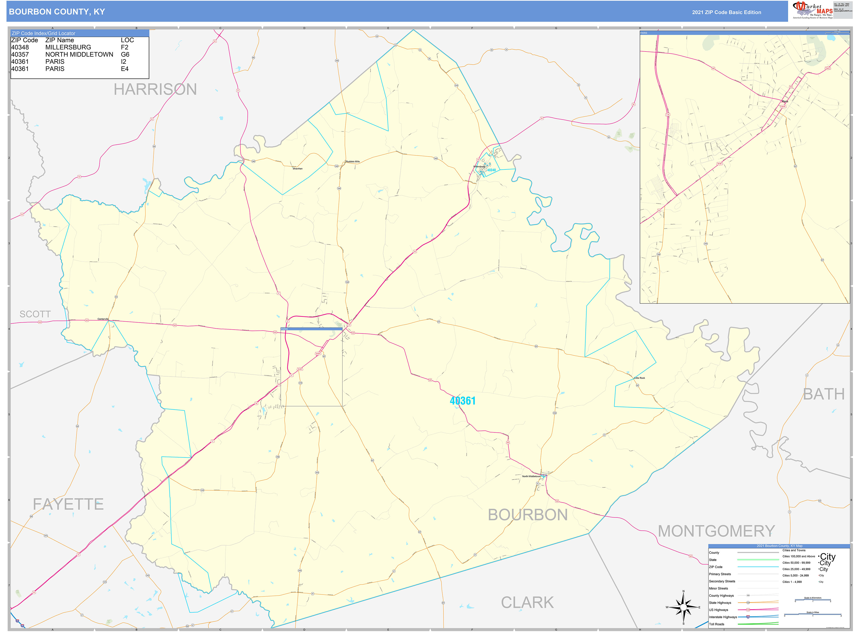 Bourbon County, KY Zip Code Wall Map Basic Style by MarketMAPS