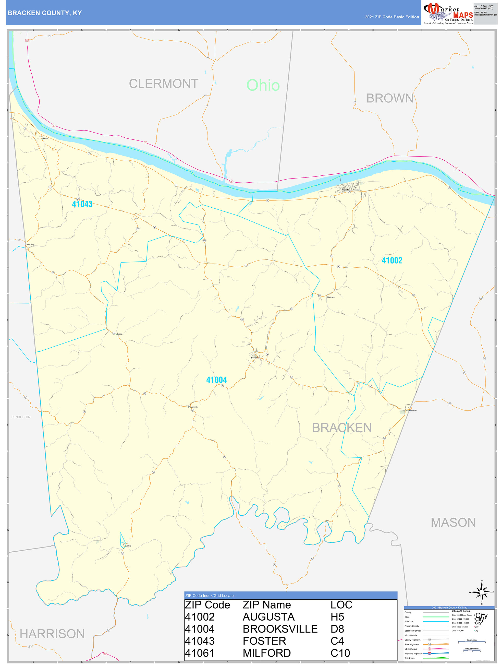 Bracken County, KY Zip Code Wall Map Basic Style by MarketMAPS - MapSales