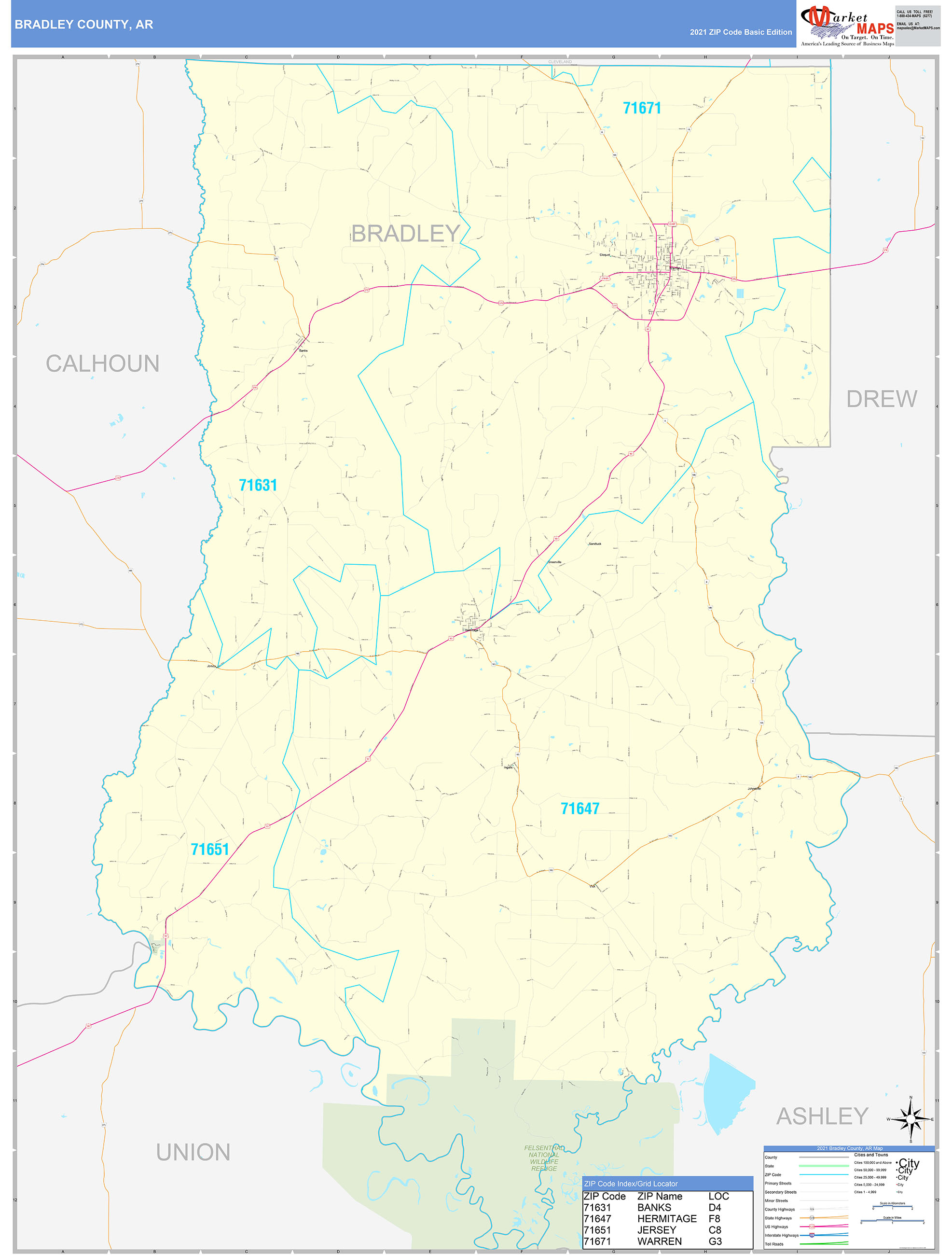 Bradley County, AR Zip Code Wall Map Basic Style by MarketMAPS - MapSales