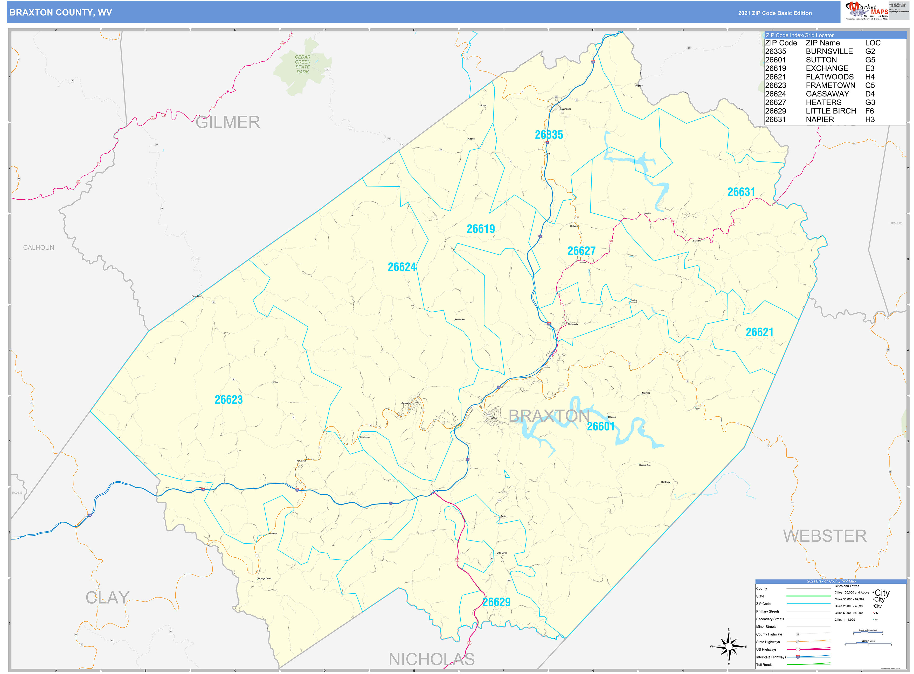 Braxton County, WV Zip Code Wall Map Basic Style by MarketMAPS