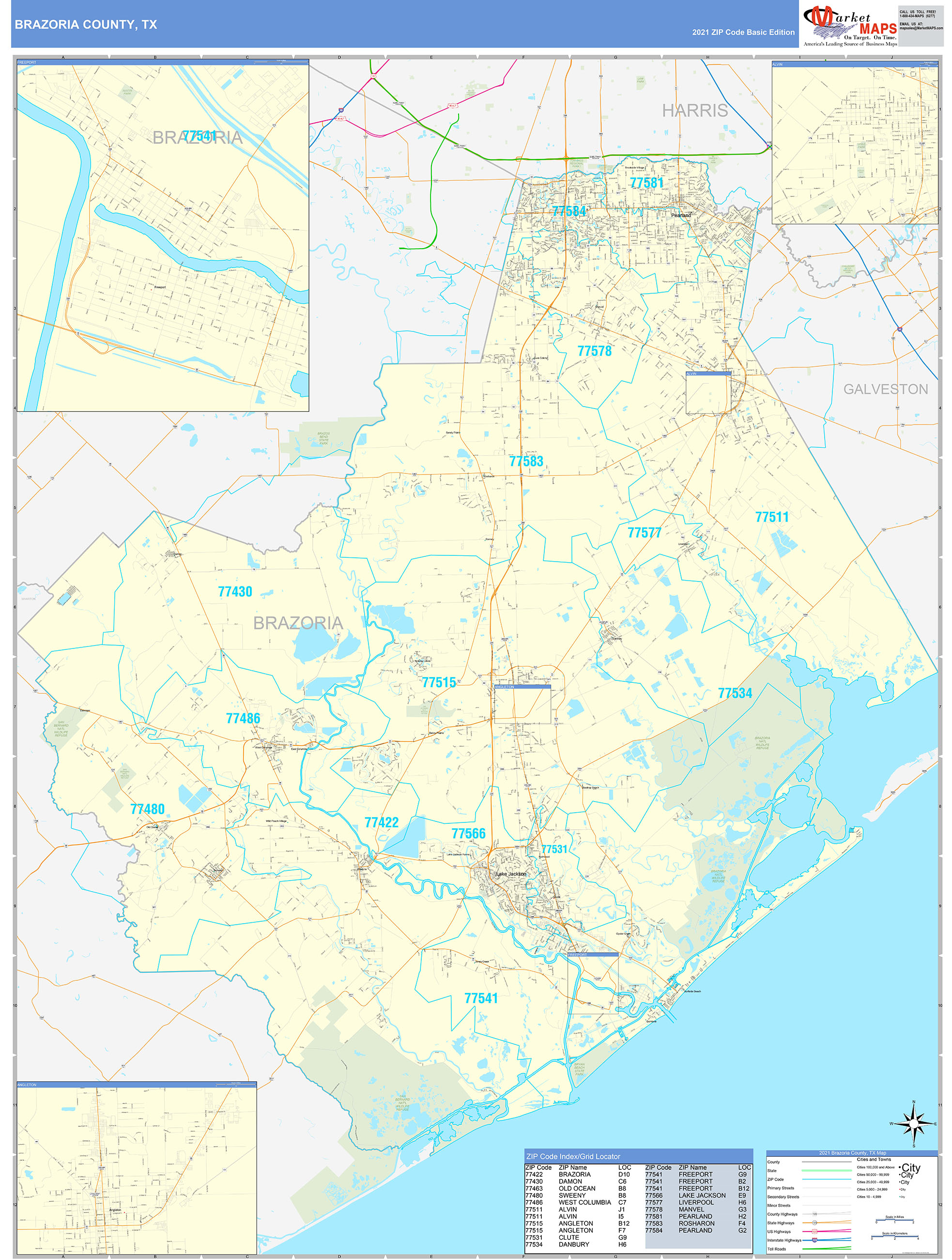 Brazoria County, TX Zip Code Wall Map Basic Style by MarketMAPS - MapSales