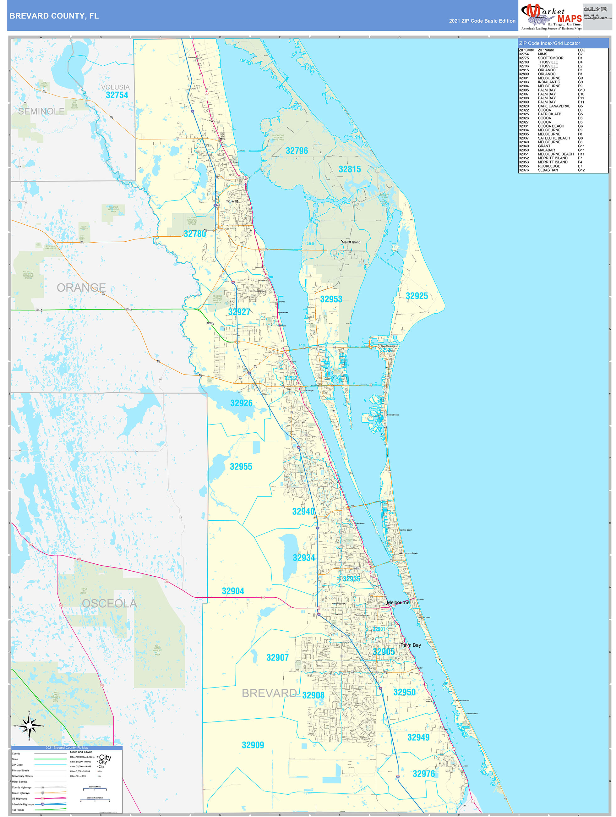Brevard County, FL Zip Code Wall Map Basic Style by MarketMAPS - MapSales