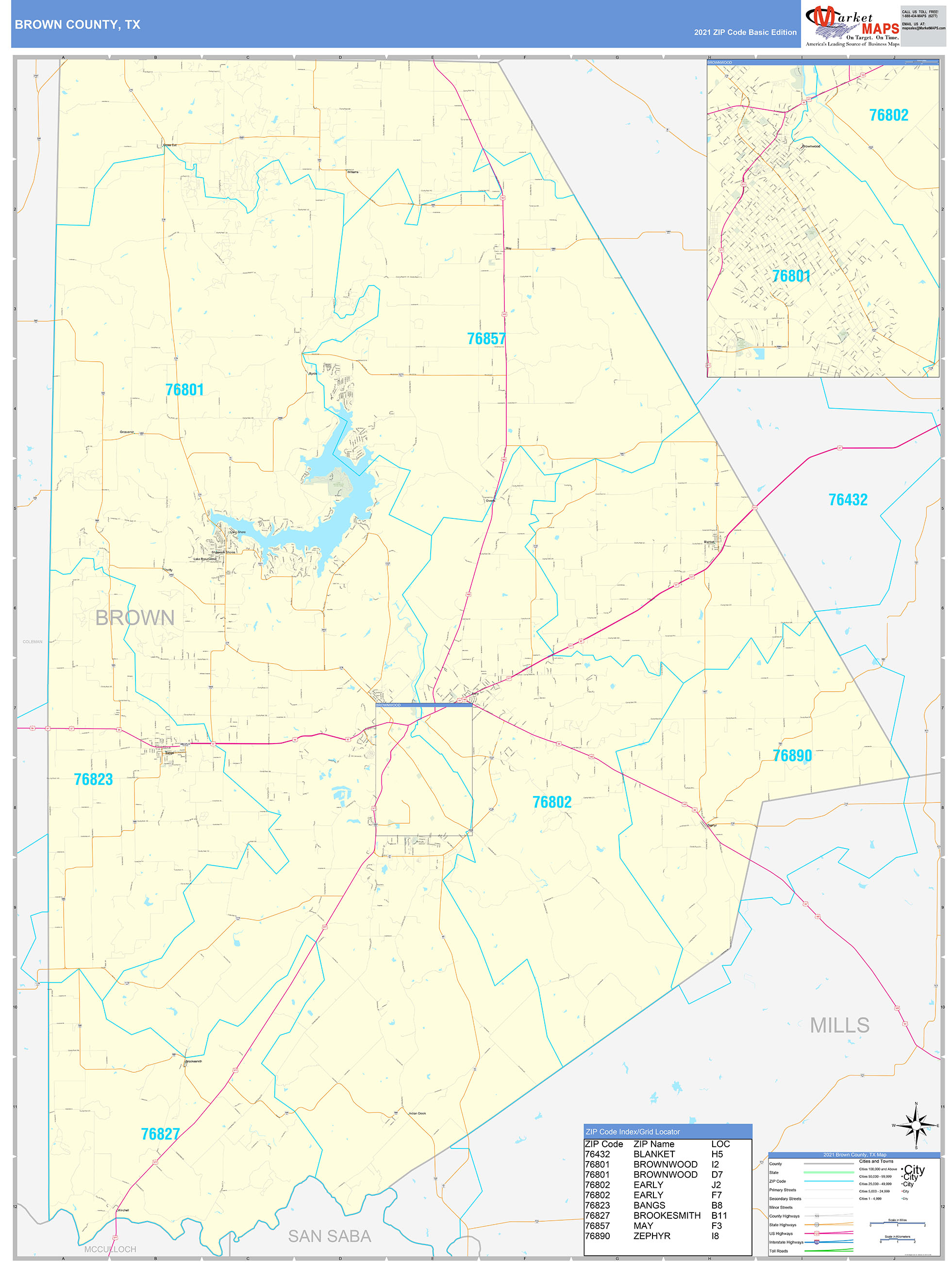 Brown County, TX Zip Code Wall Map Basic Style by MarketMAPS - MapSales