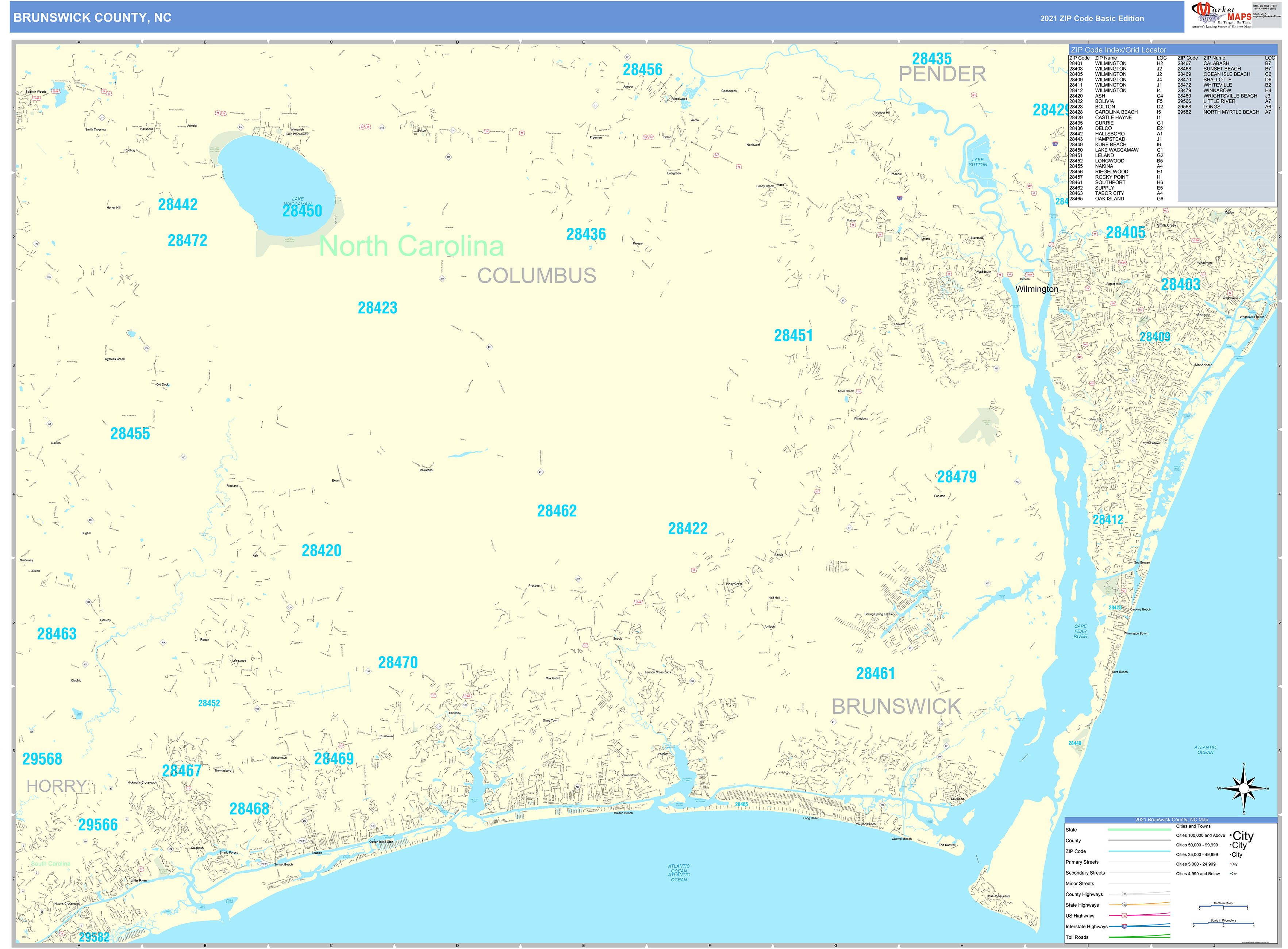 brunswick-county-nc-zip-code-wall-map-basic-style-by-marketmaps-mapsales